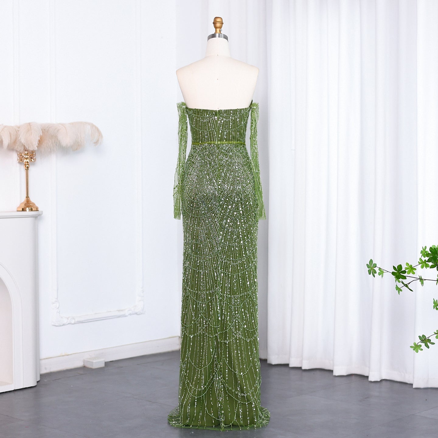 Luxury Beaded Black Strapless Evening Dress with Sleeves SS685