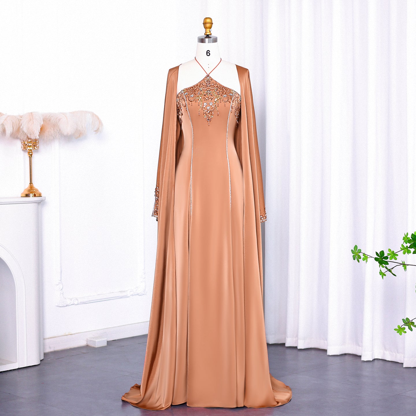 Luxury Sage Green Halter Evening Dress with Cape SS301  Orange / US 18