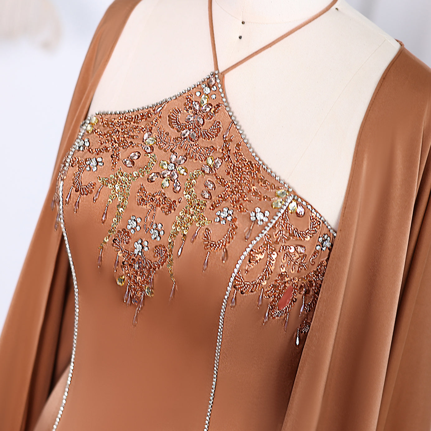 Luxury Sage Green Halter Evening Dress with Cape SS301