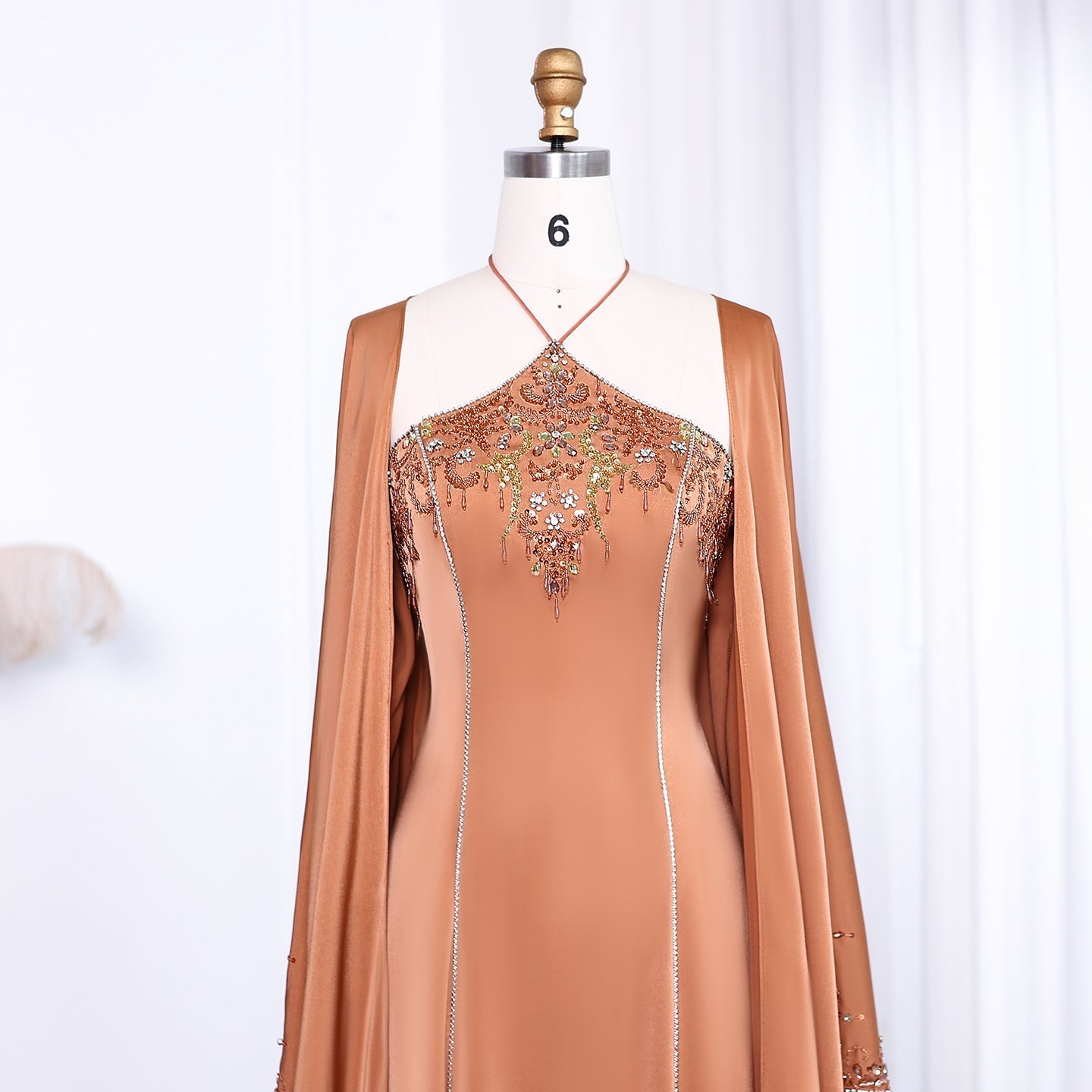 Luxury Sage Green Halter Evening Dress with Cape SS301