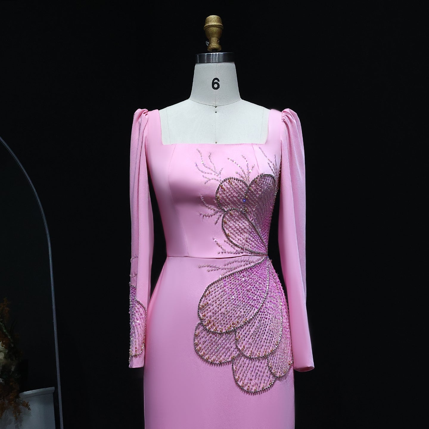 Elegant Pink Butterfly Beaded Long Sleeves Evening Dress SS262