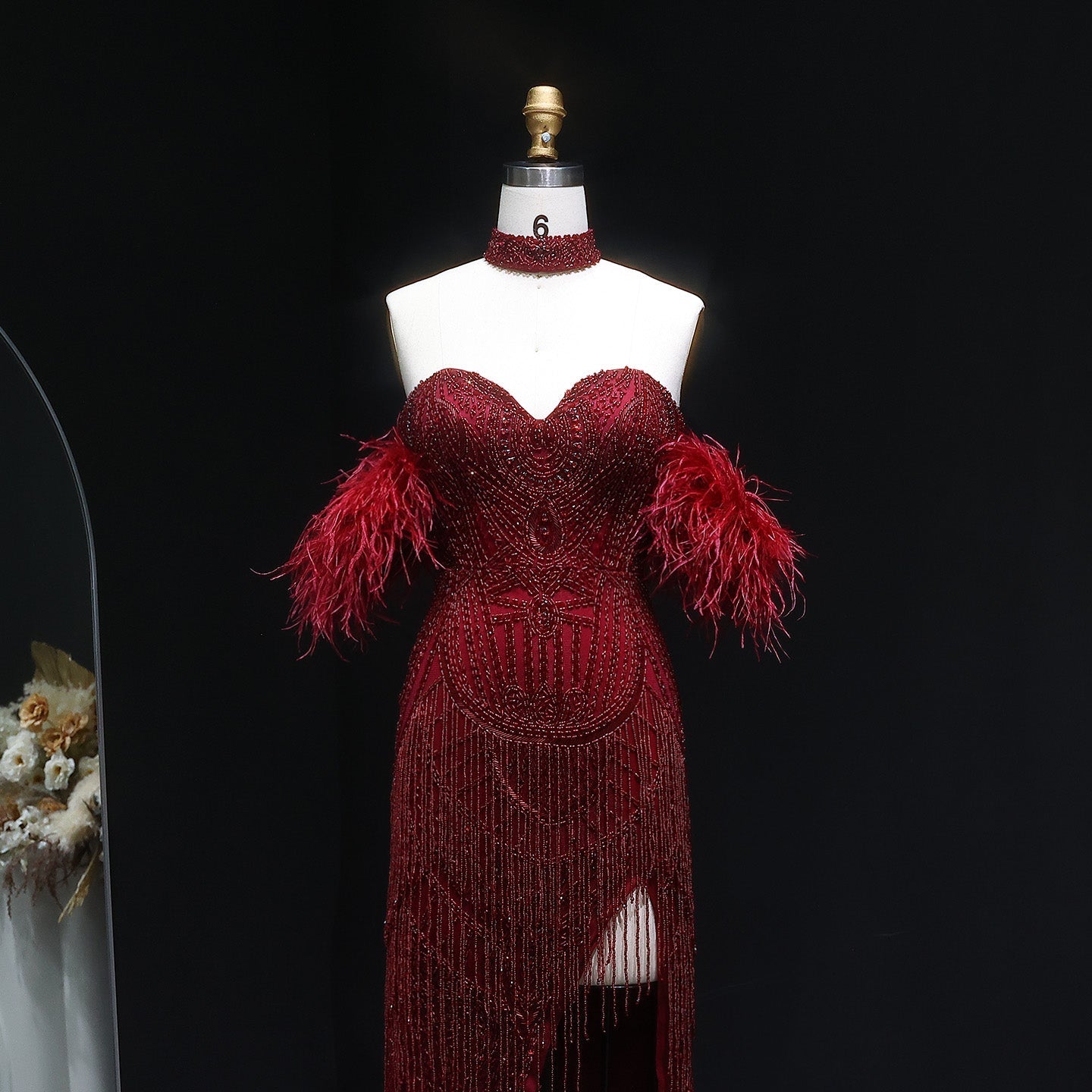 Luxury Tassel Feather Silver Nude Evening Dress SS187