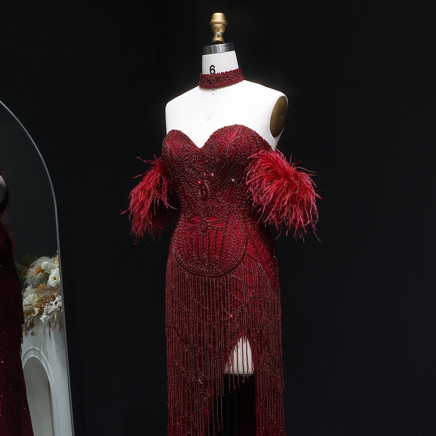 Luxury Tassel Feather Silver Nude Evening Dress SS187