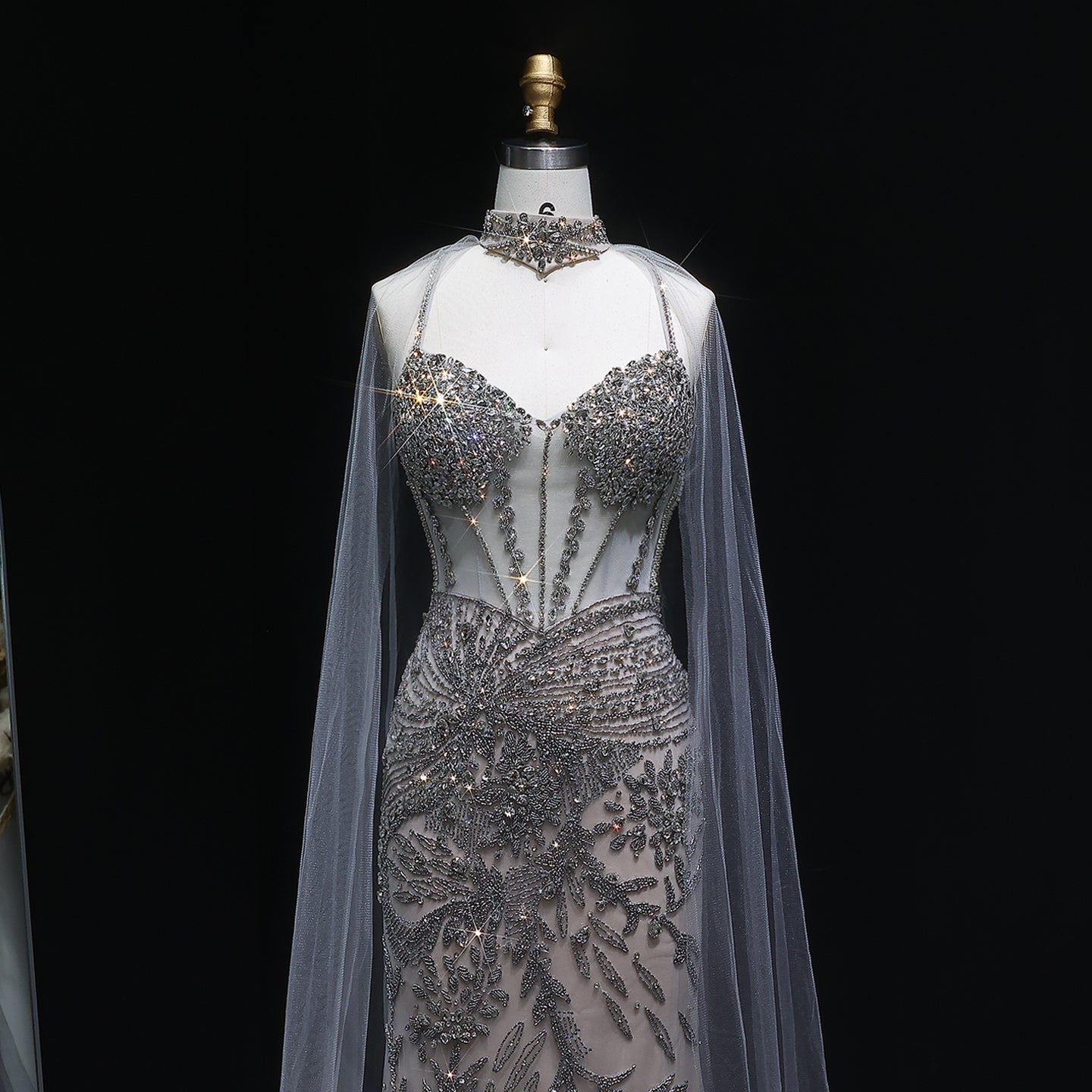 Luxury Champagne Beaded Evening Dress with Cape SS071