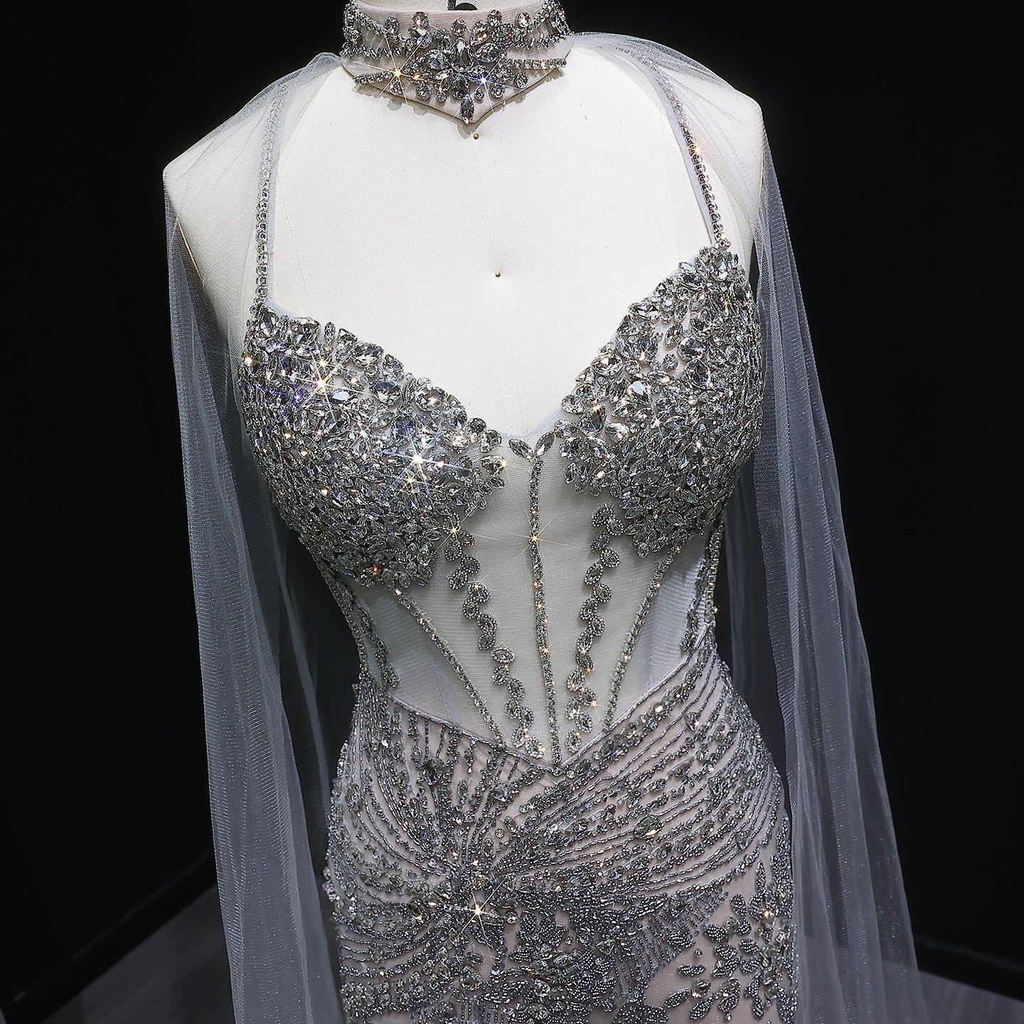 Luxury Champagne Beaded Evening Dress with Cape SS071