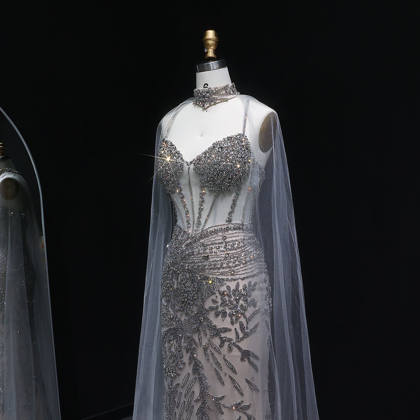 Luxury Champagne Beaded Evening Dress with Cape SS071