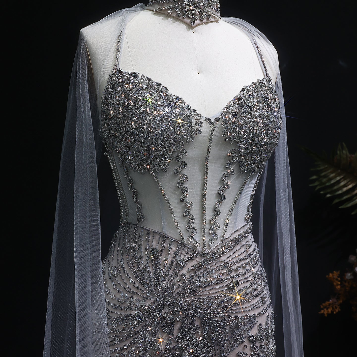Luxury Champagne Beaded Evening Dress with Cape SS071