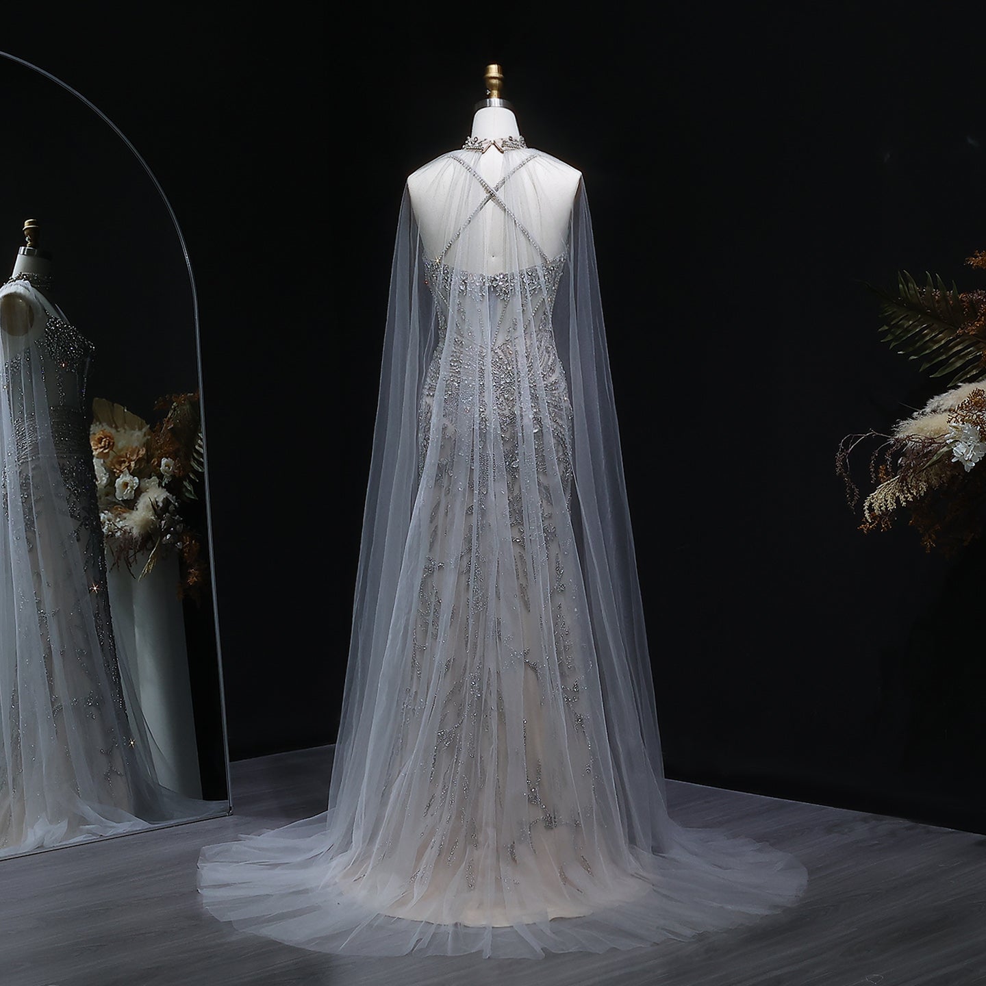 Luxury Champagne Beaded Evening Dress with Cape SS071