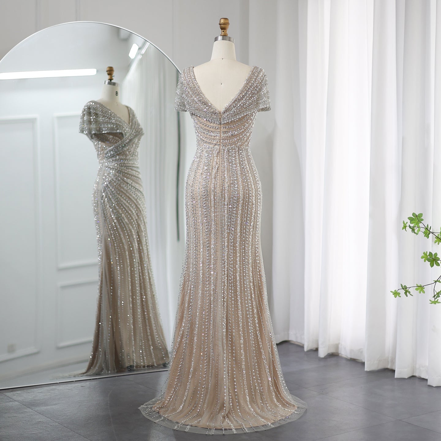 Luxury Silver Nude Mermaid Evening Dress SS045