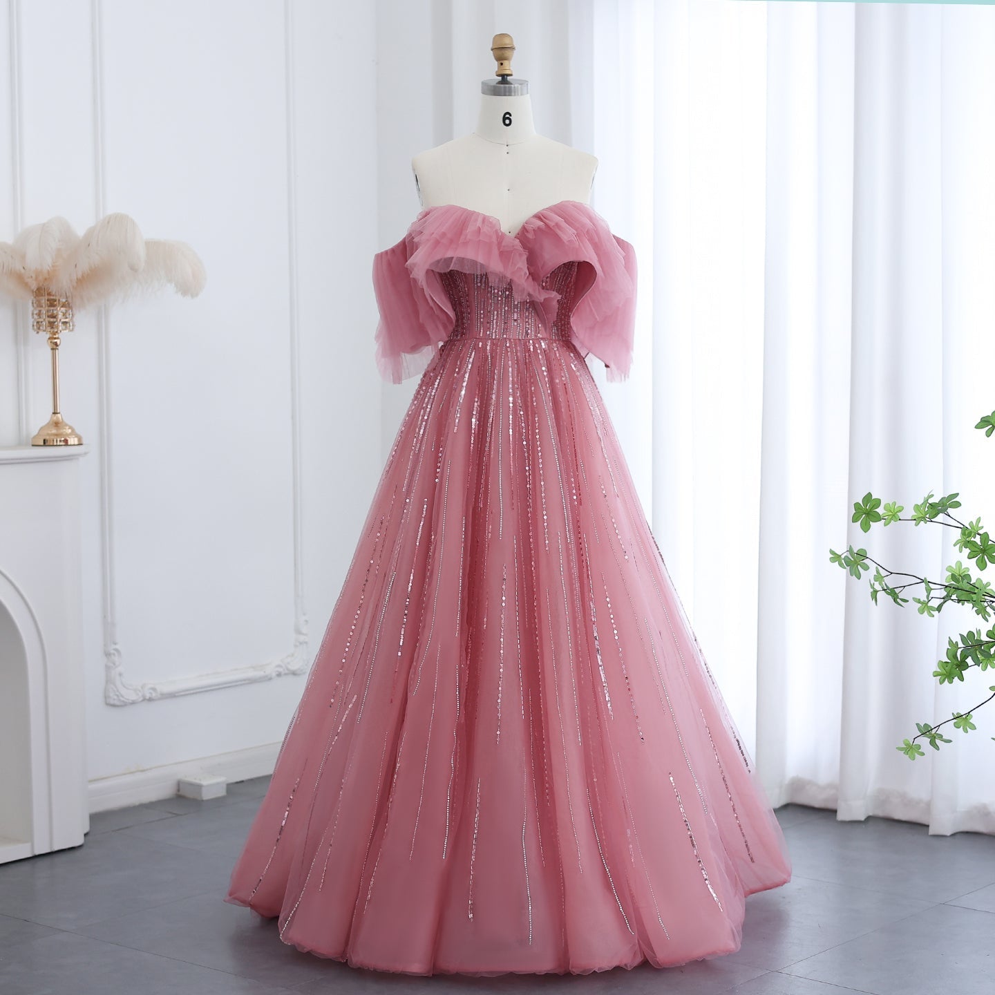 Luxury Off Shoulder Ball Gown Fuchsia Evening Dress SS390  Dusty Pink / US 16