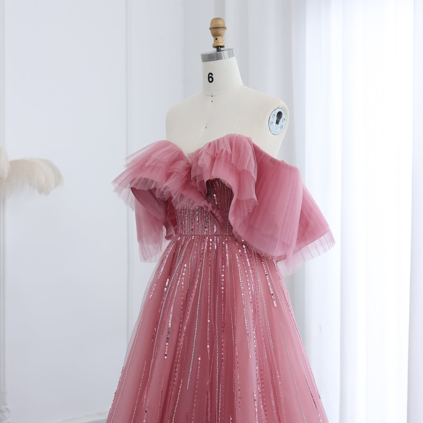 Luxury Off Shoulder Ball Gown Fuchsia Evening Dress SS390