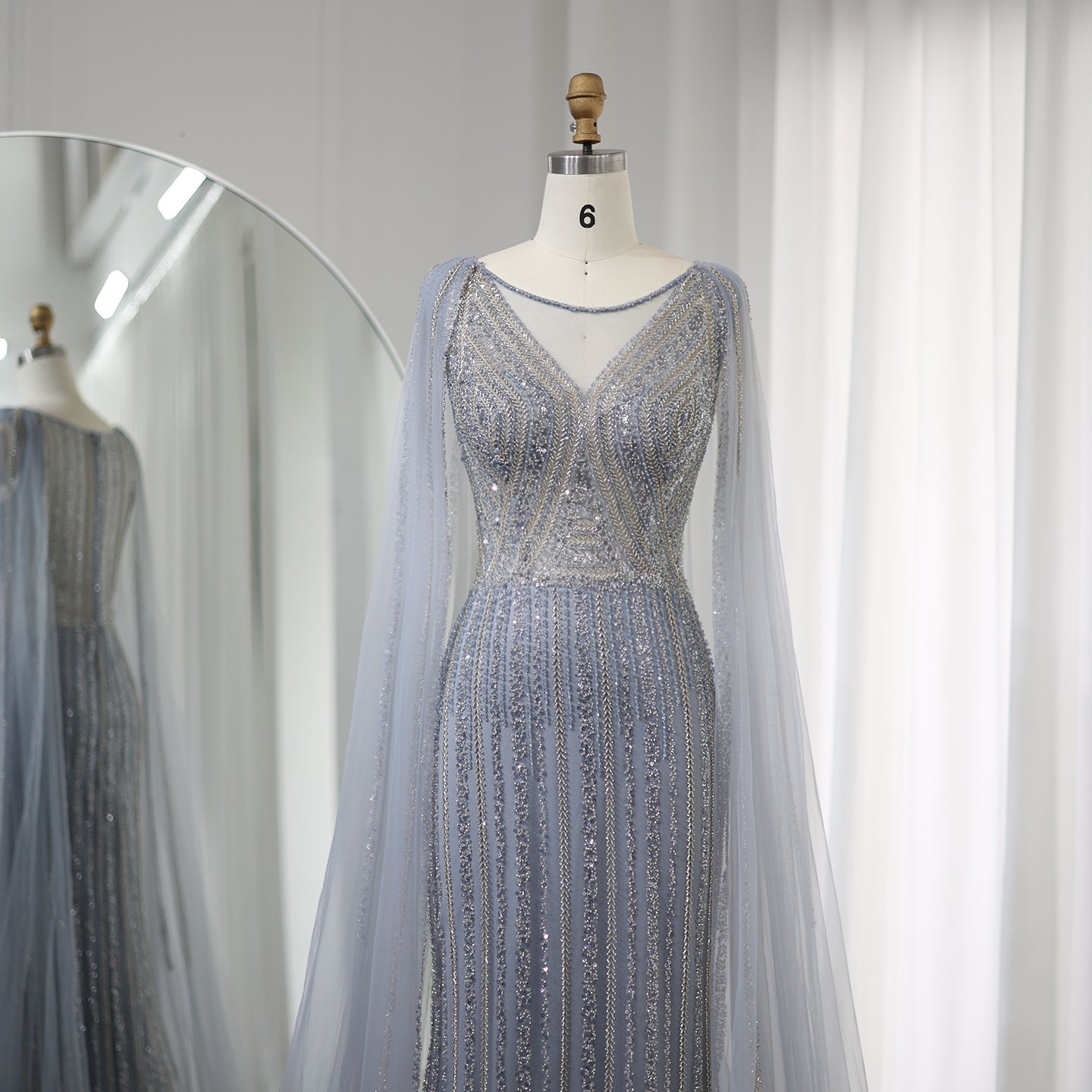 Luxury Sage Green Evening Dress with Cape Sleeves SS086