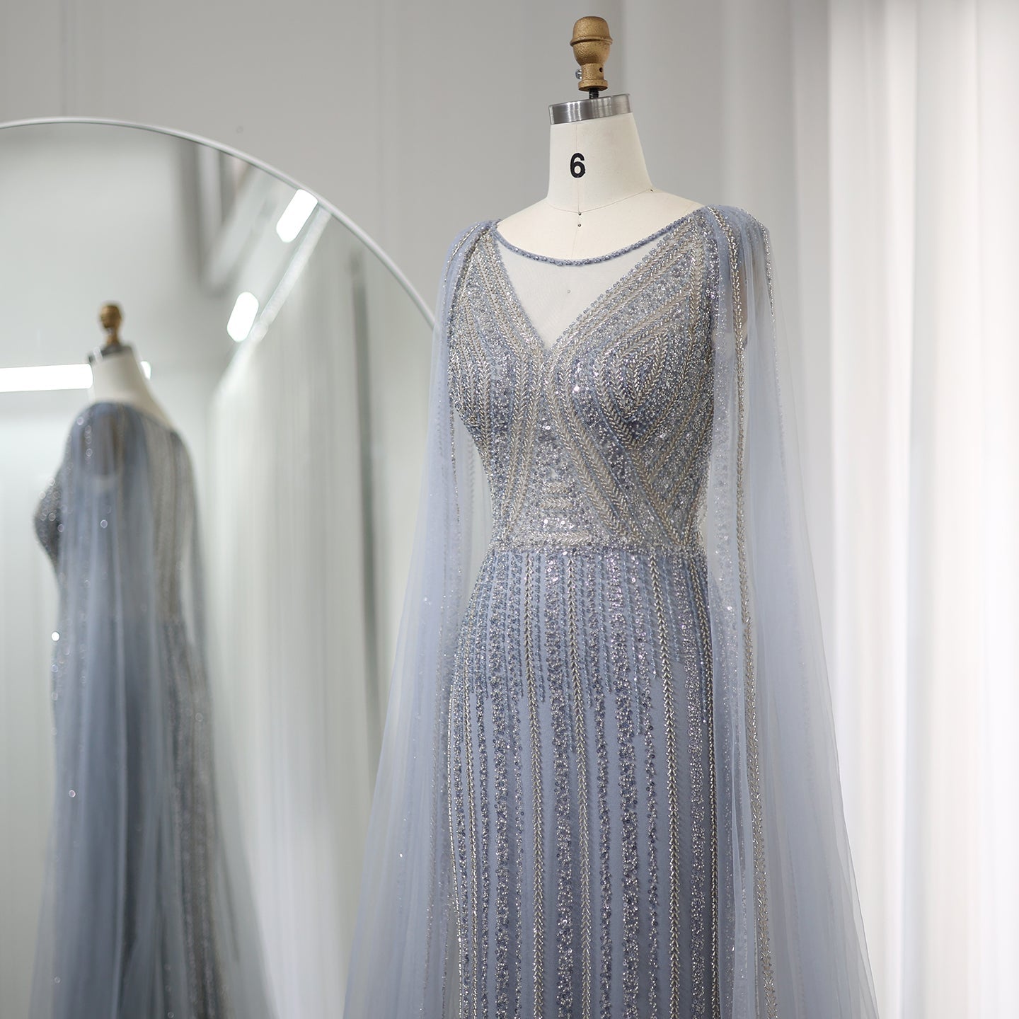 Luxury Sage Green Evening Dress with Cape Sleeves SS086