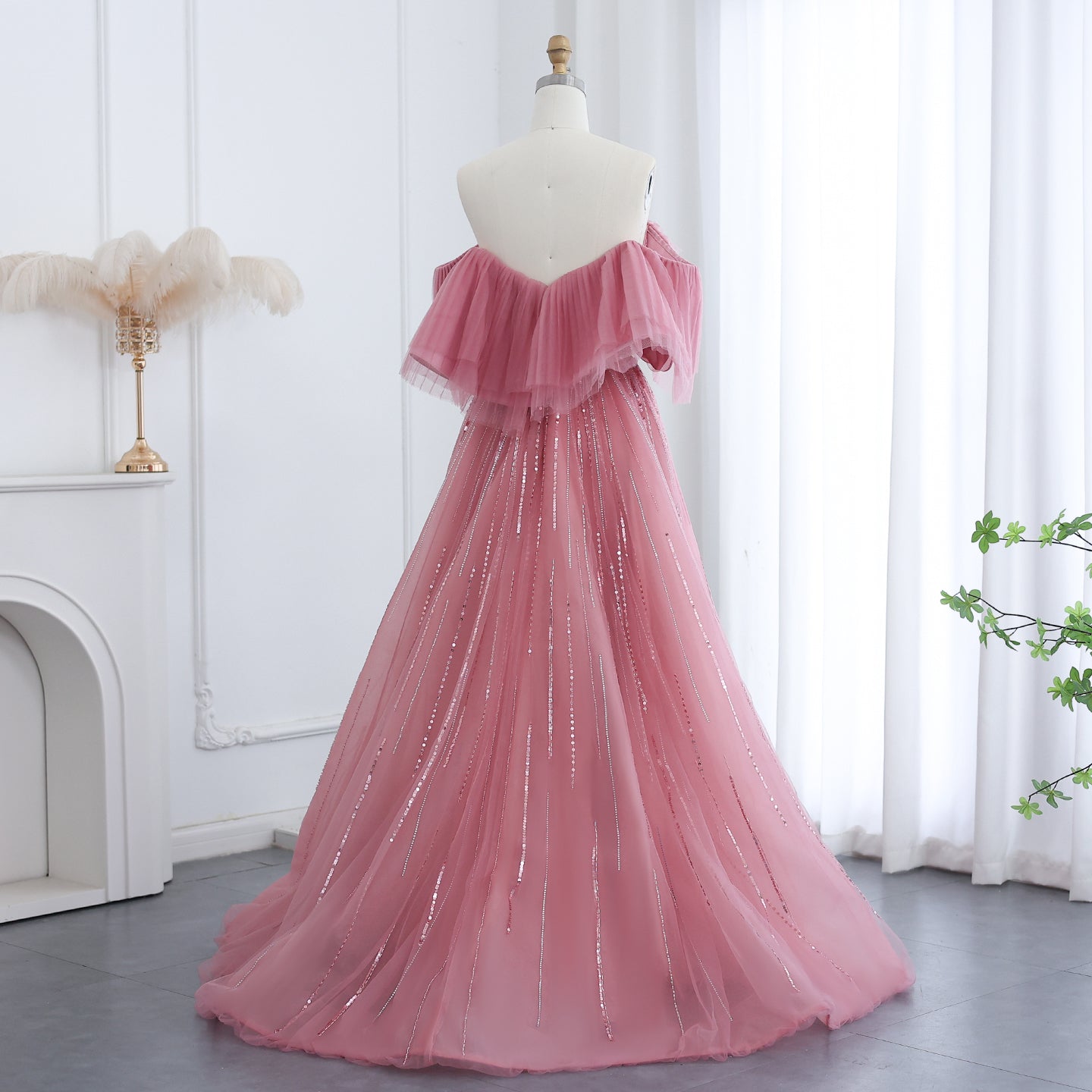 Luxury Off Shoulder Ball Gown Fuchsia Evening Dress SS390