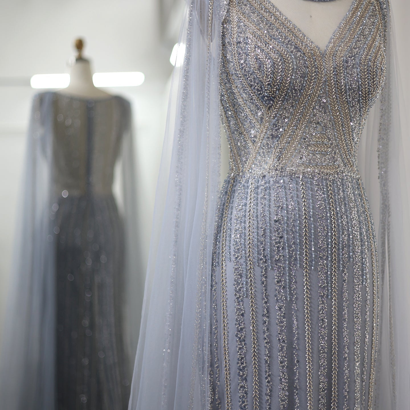 Luxury Sage Green Evening Dress with Cape Sleeves SS086