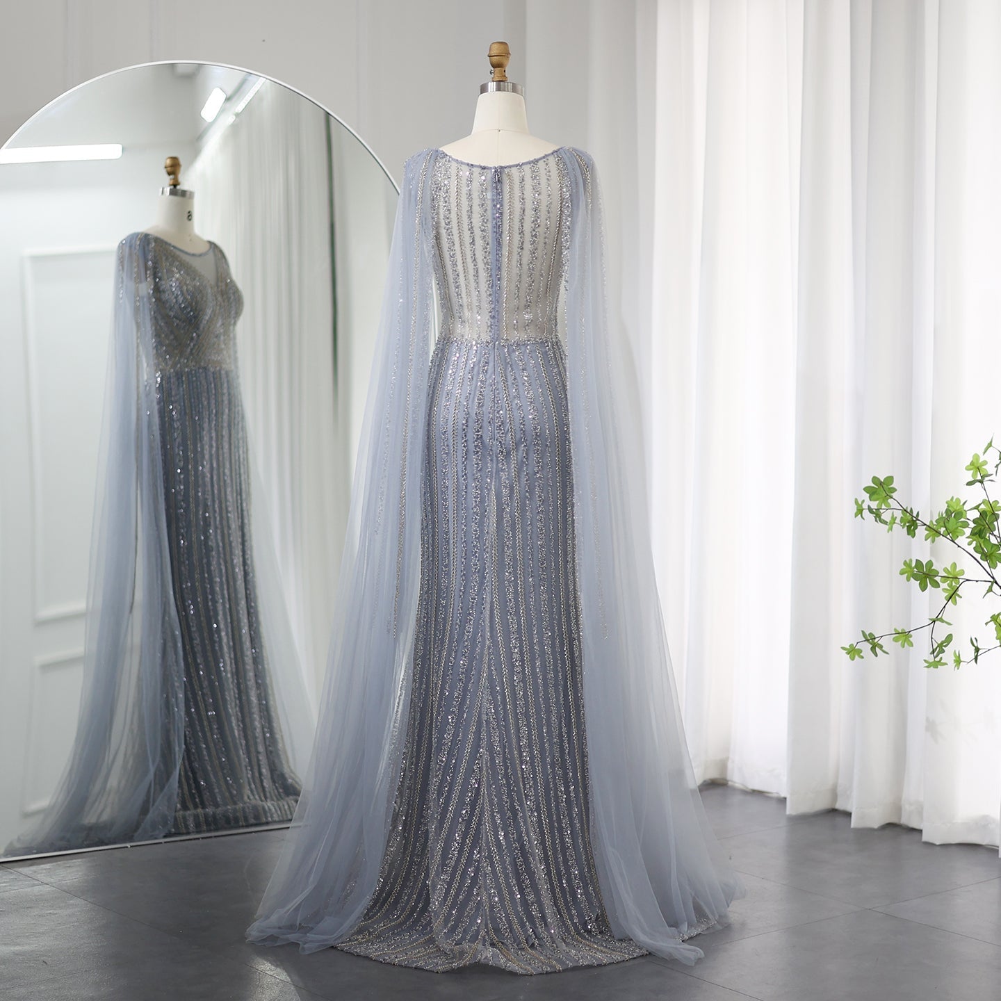 Luxury Sage Green Evening Dress with Cape Sleeves SS086