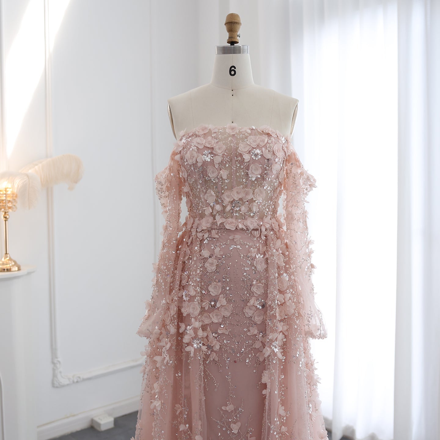 Elegant 3D Flowers Pink Evening Dress with Overskirt SS352