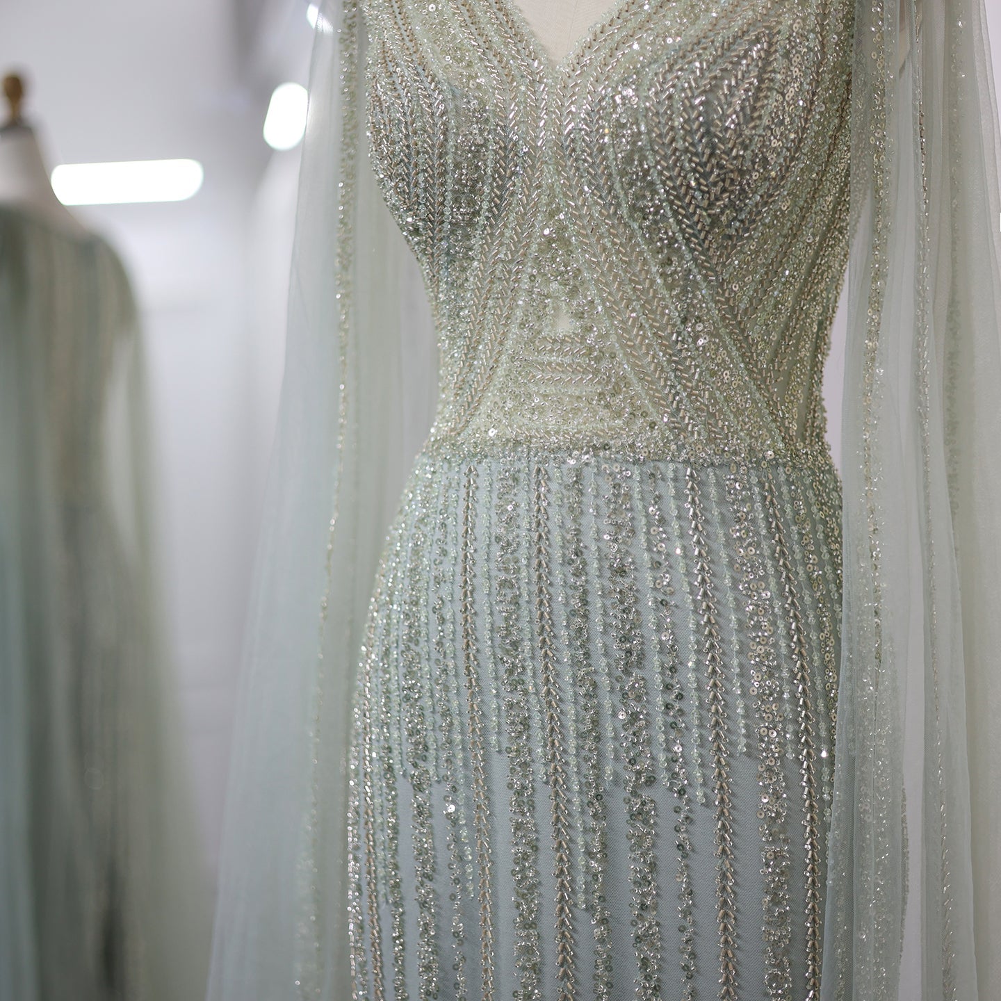 Luxury Sage Green Evening Dress with Cape Sleeves SS086