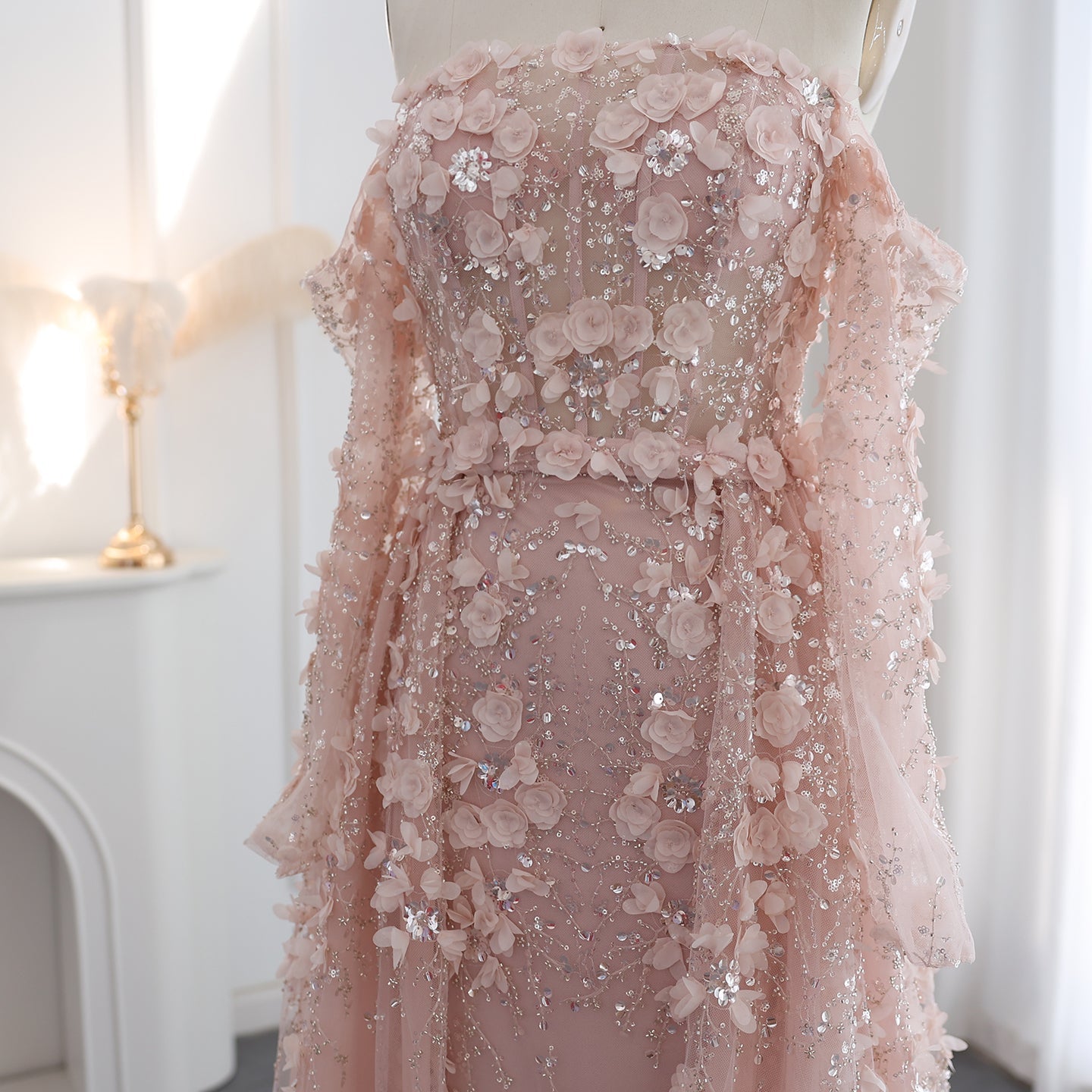 Elegant 3D Flowers Pink Evening Dress with Overskirt SS352