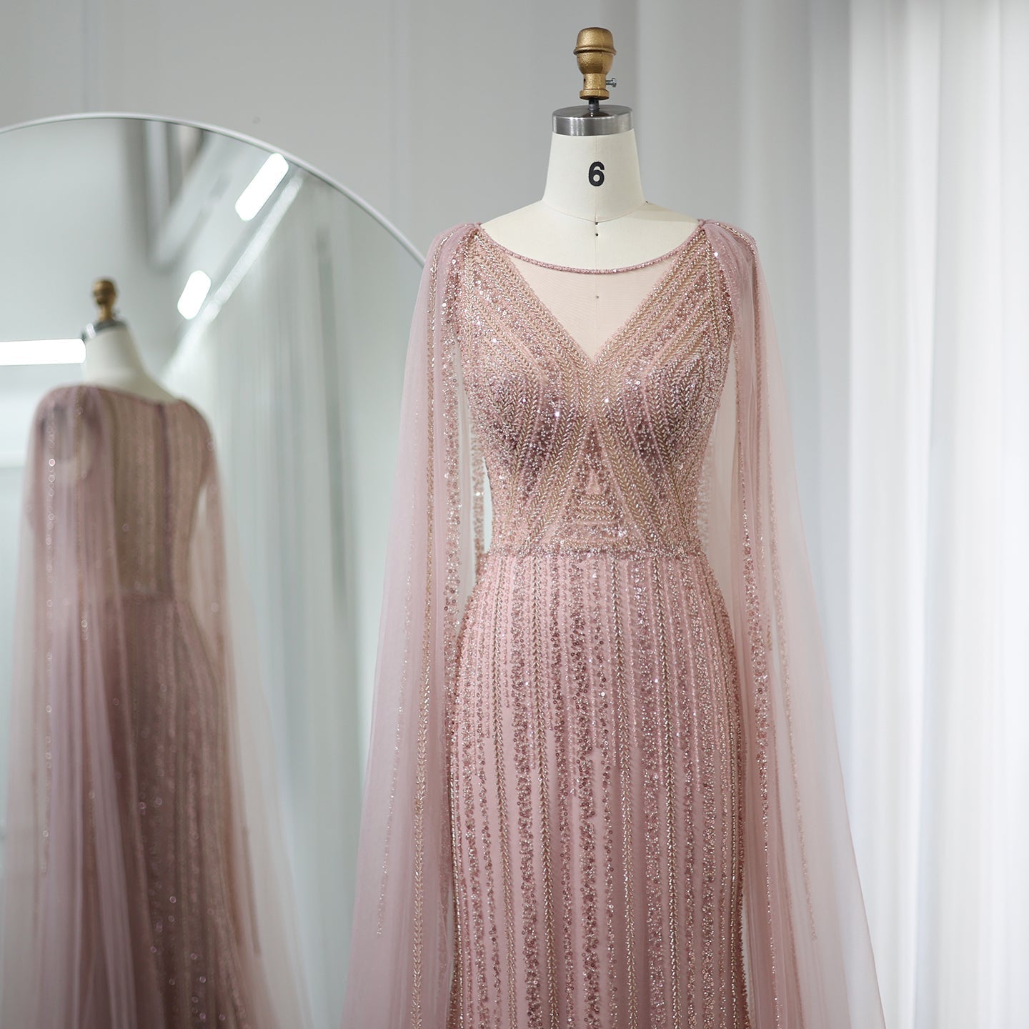 Luxury Sage Green Evening Dress with Cape Sleeves SS086