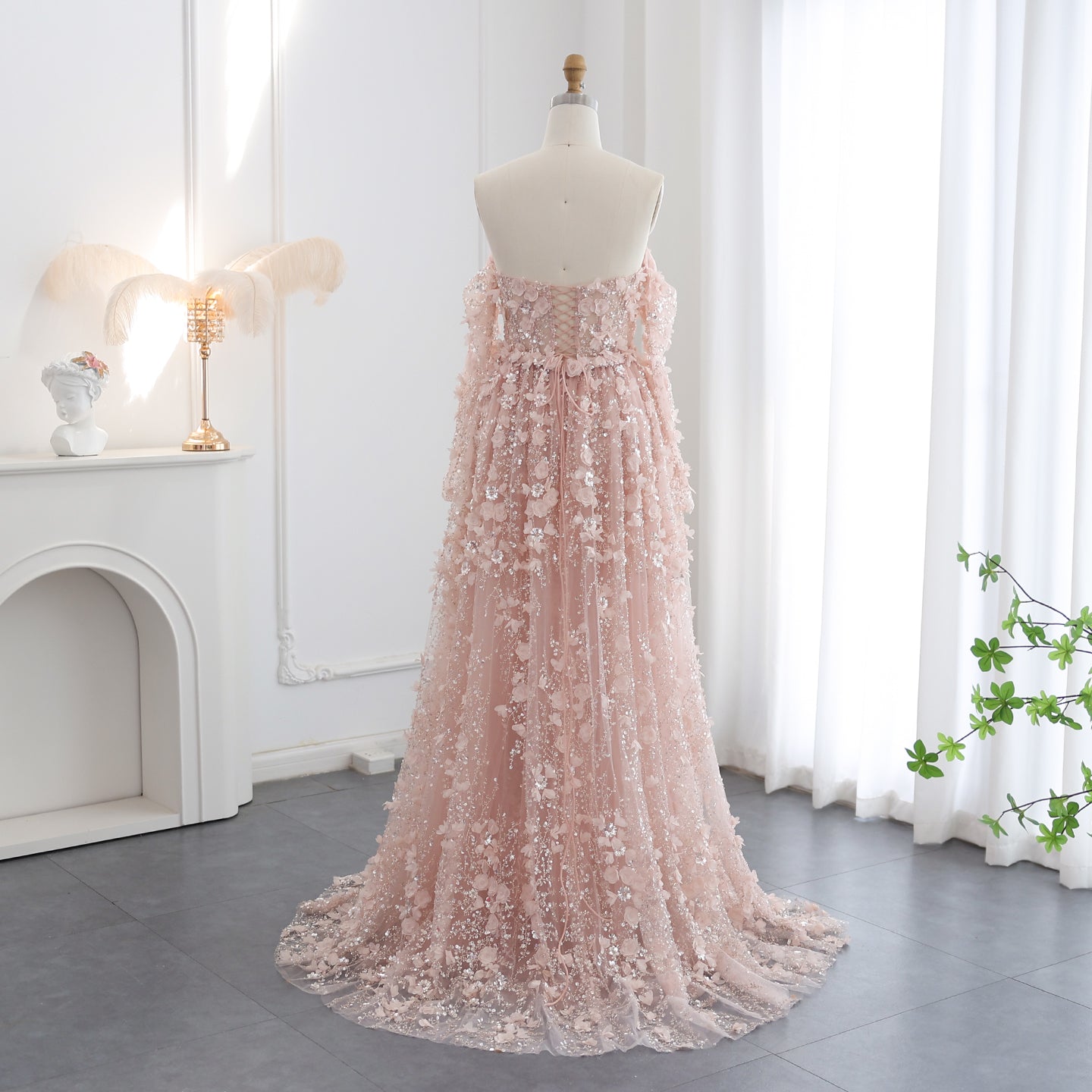 Elegant 3D Flowers Pink Evening Dress with Overskirt SS352