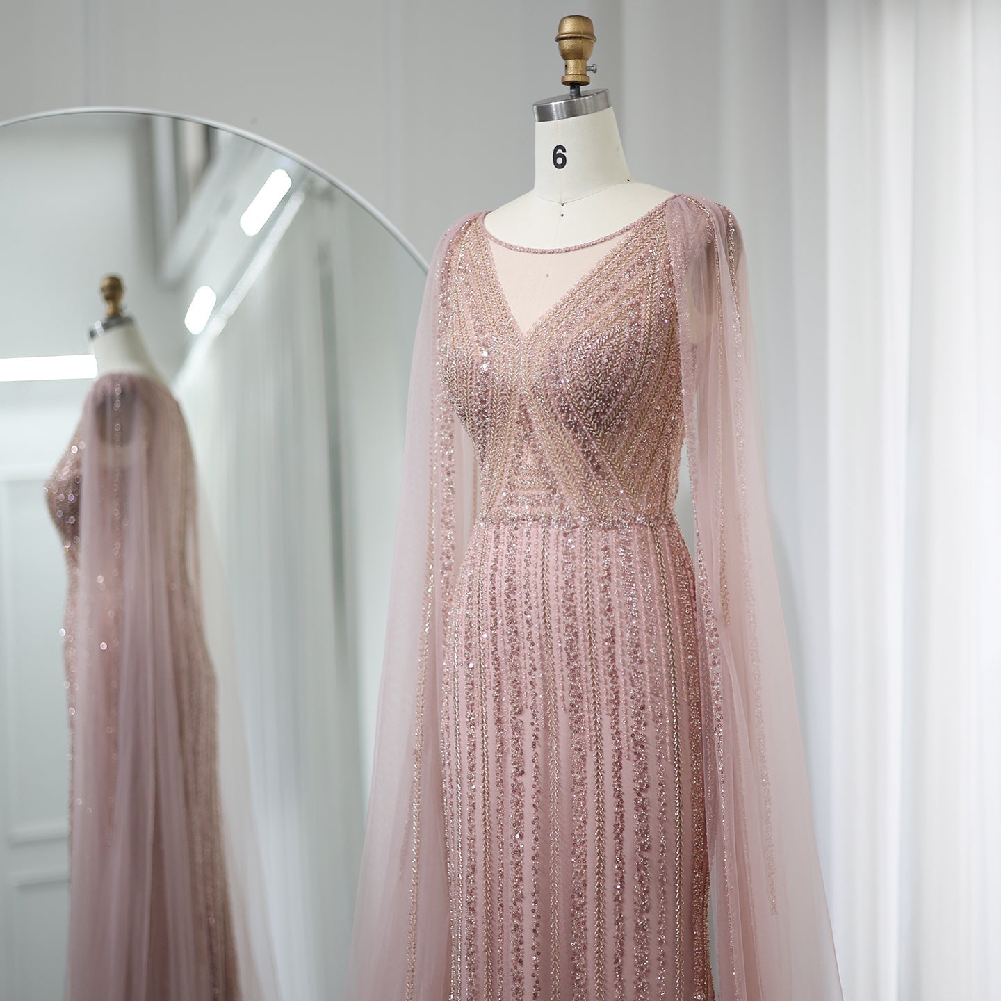 Luxury Sage Green Evening Dress with Cape Sleeves SS086