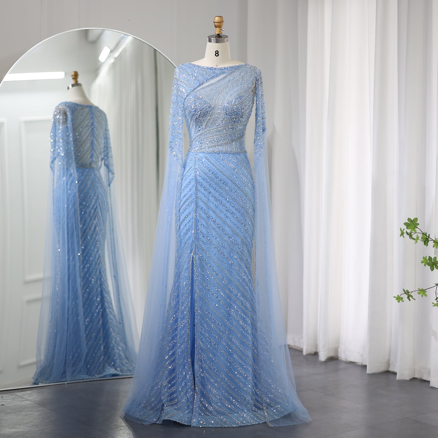 Luxury Mermaid Blue Evening Dress with Cape Sleeves SS087  Blue / US 20