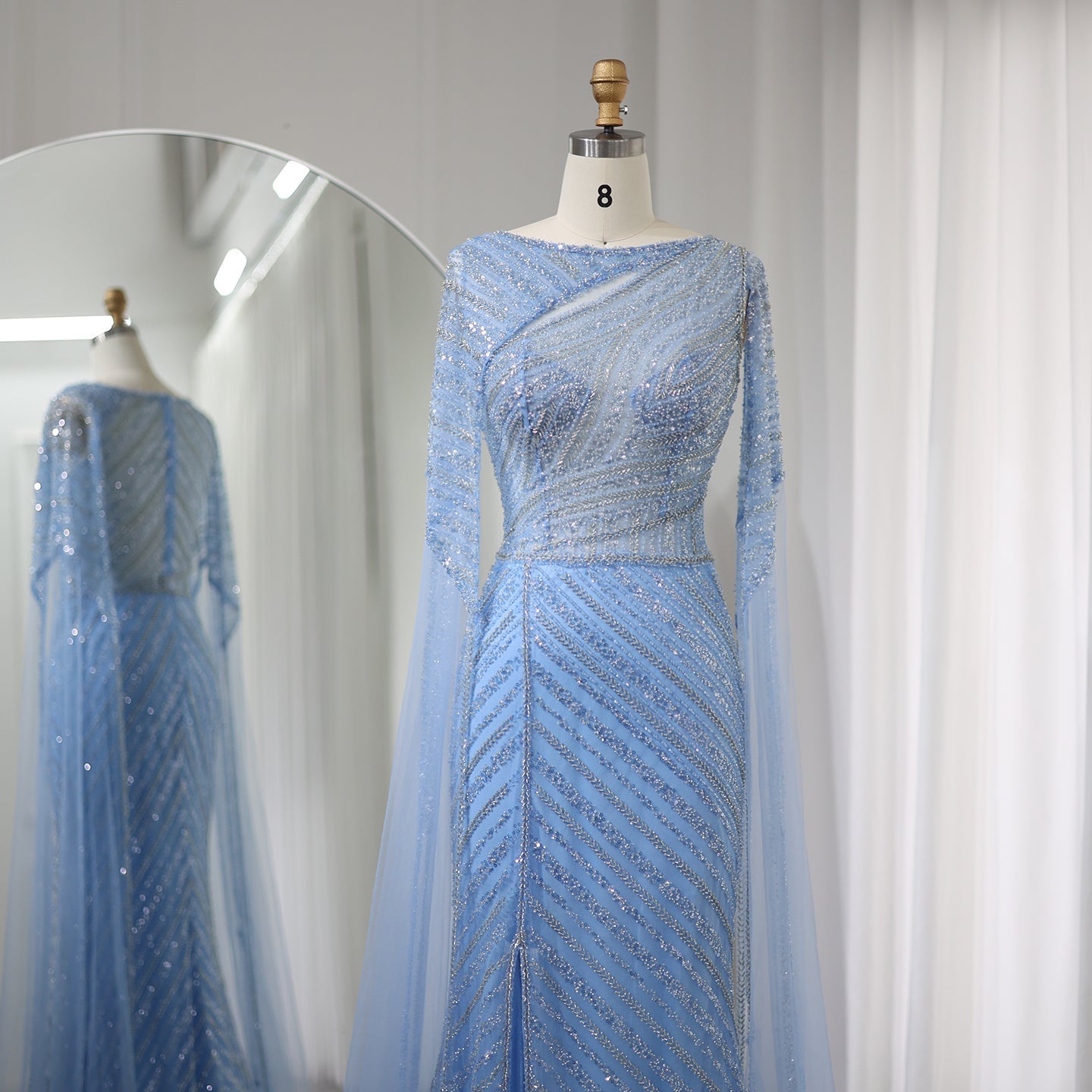 Luxury Mermaid Blue Evening Dress with Cape Sleeves SS087