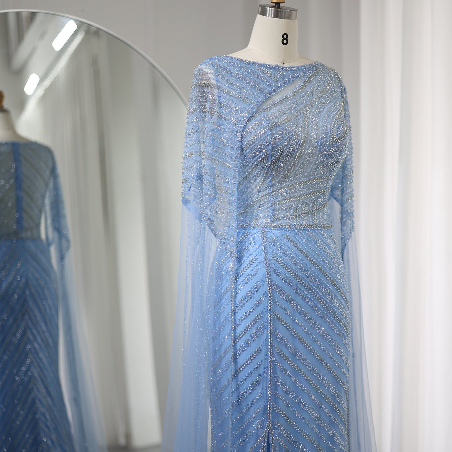 Luxury Mermaid Blue Evening Dress with Cape Sleeves SS087