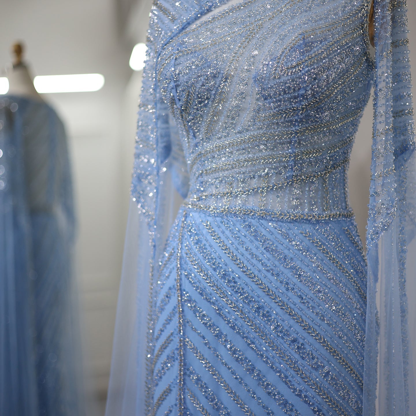 Luxury Mermaid Blue Evening Dress with Cape Sleeves SS087