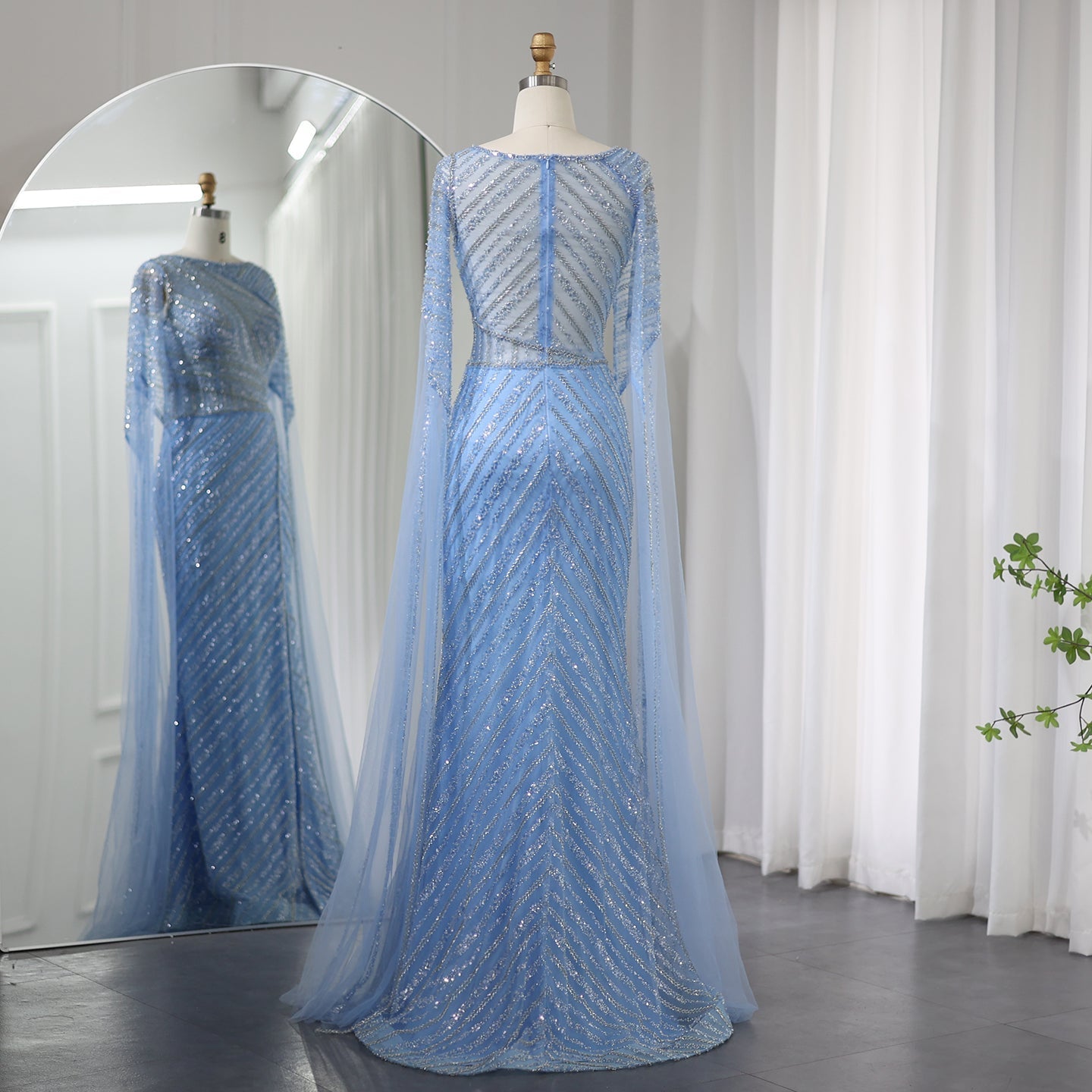 Luxury Mermaid Blue Evening Dress with Cape Sleeves SS087