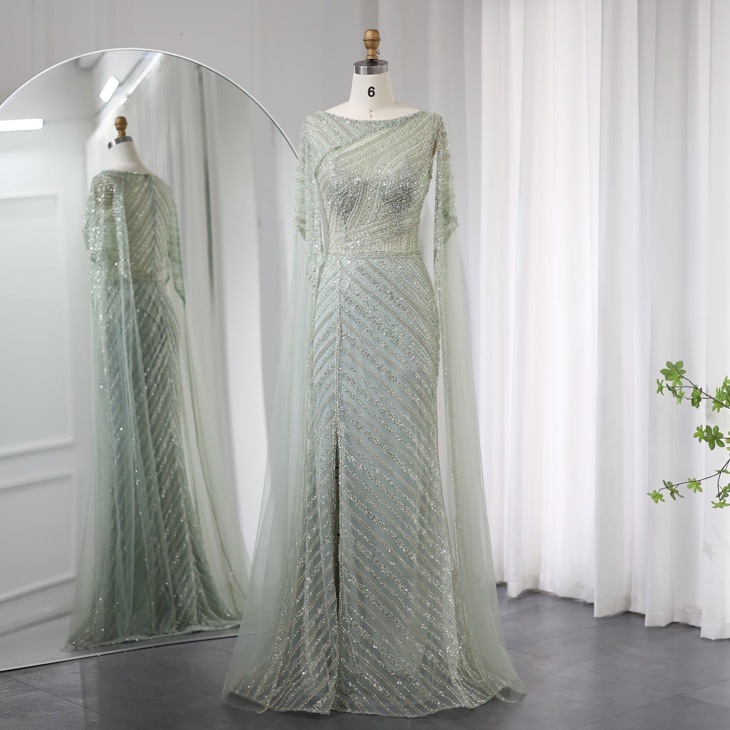 Luxury Mermaid Blue Evening Dress with Cape Sleeves SS087  Sage Green / US 20