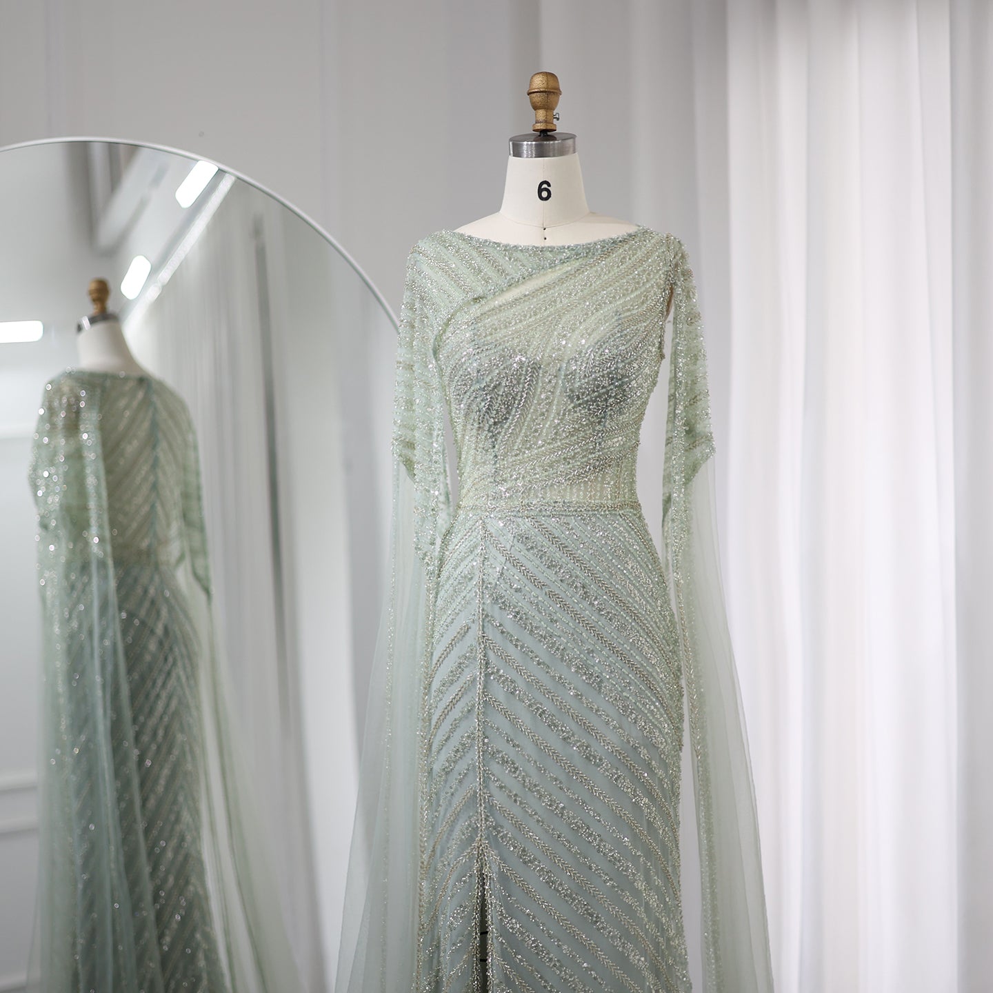 Luxury Mermaid Blue Evening Dress with Cape Sleeves SS087