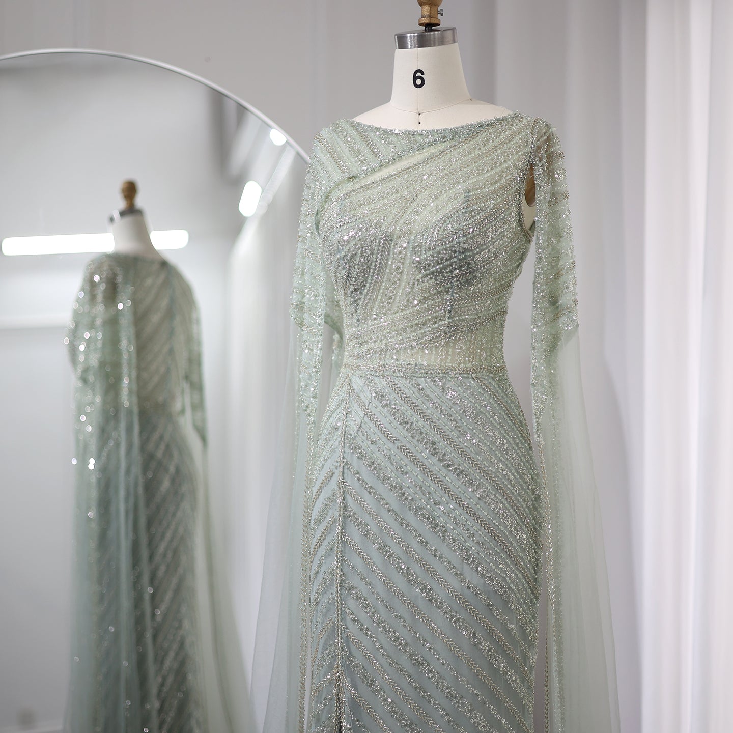 Luxury Mermaid Blue Evening Dress with Cape Sleeves SS087