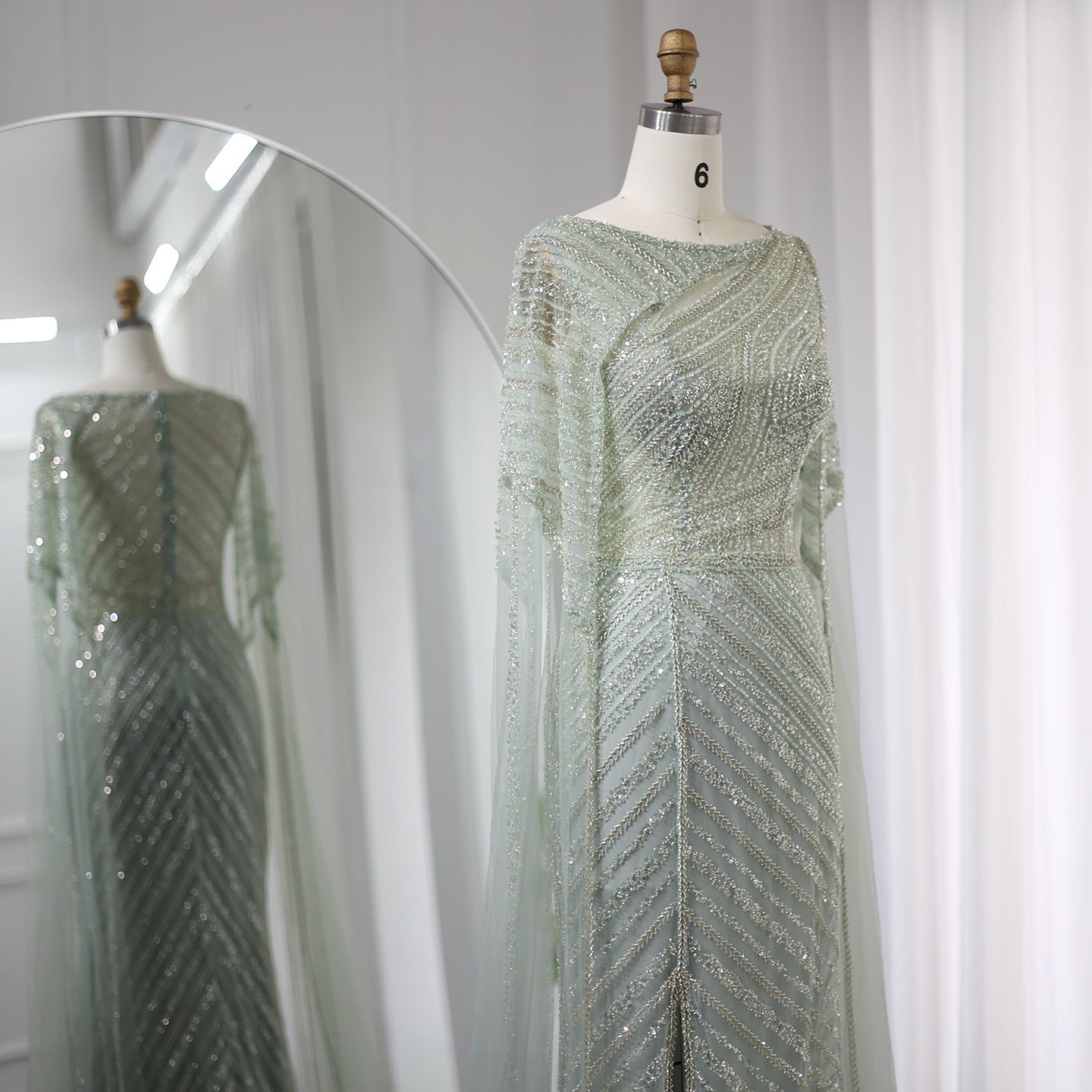 Luxury Mermaid Blue Evening Dress with Cape Sleeves SS087