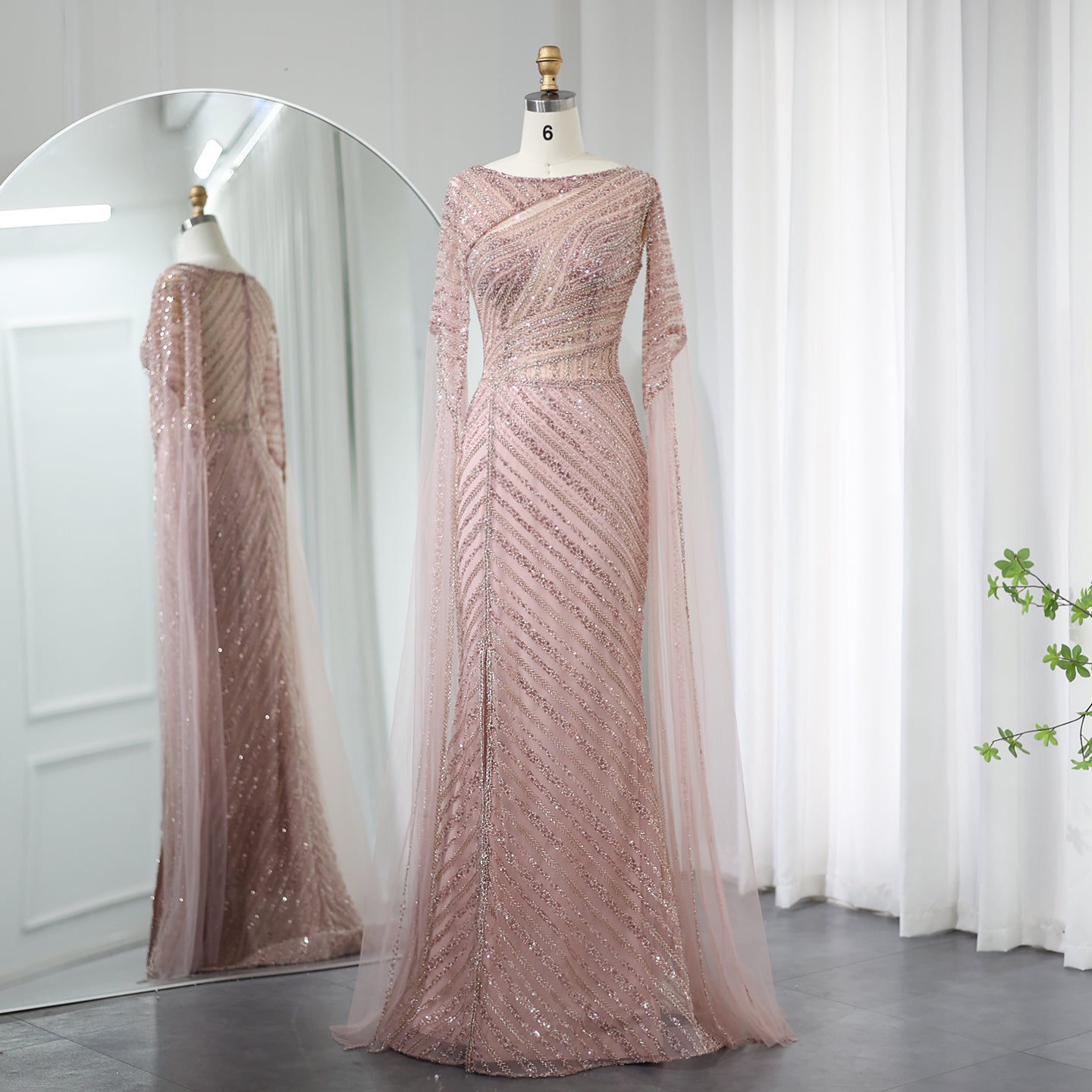 Luxury Mermaid Blue Evening Dress with Cape Sleeves SS087  Pink / US 20