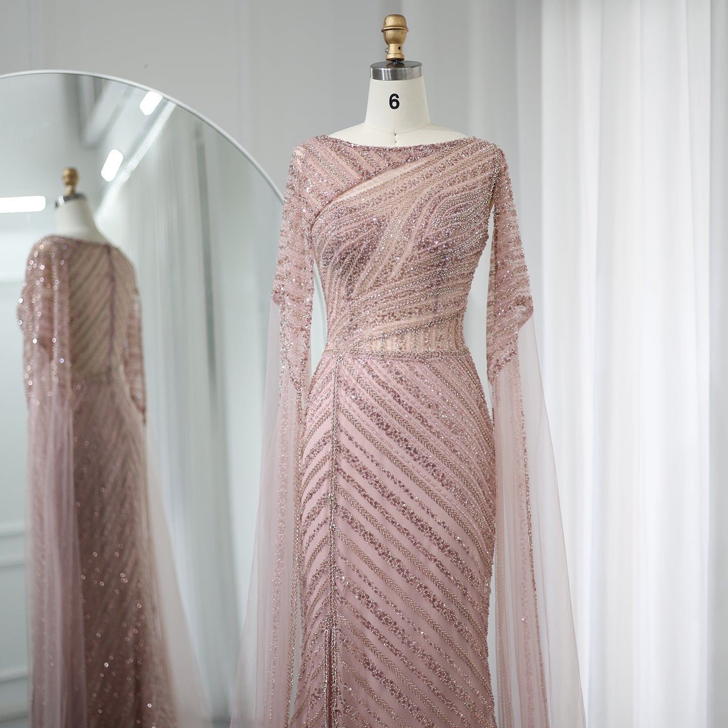 Luxury Mermaid Blue Evening Dress with Cape Sleeves SS087