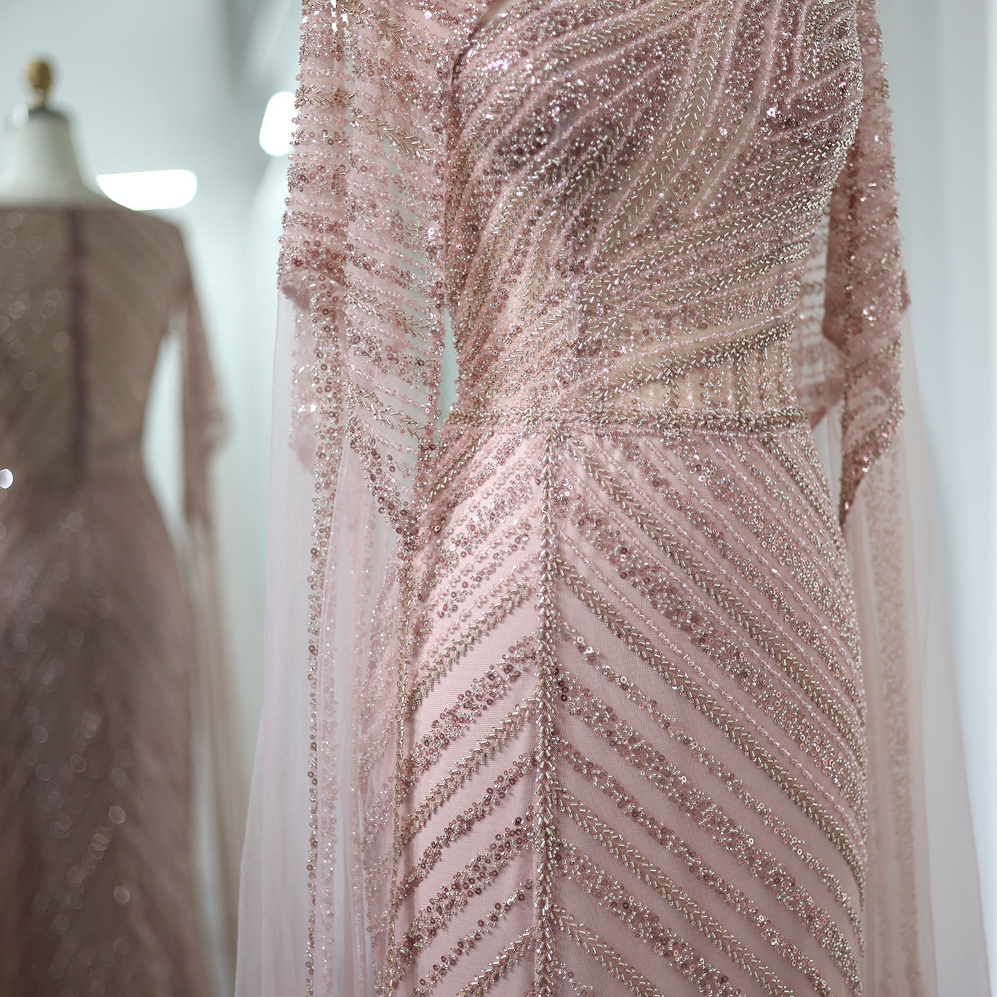 Luxury Mermaid Blue Evening Dress with Cape Sleeves SS087