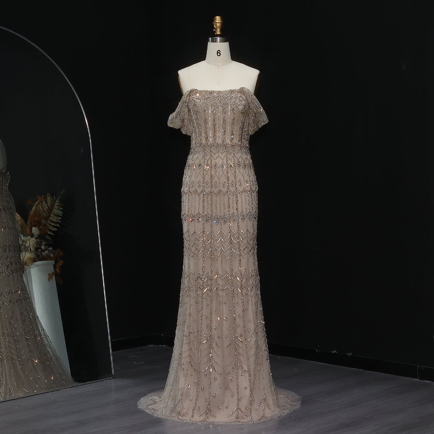 Luxury White Beaded Short Sleeves Evening Dress SS291  Champagne / US 16