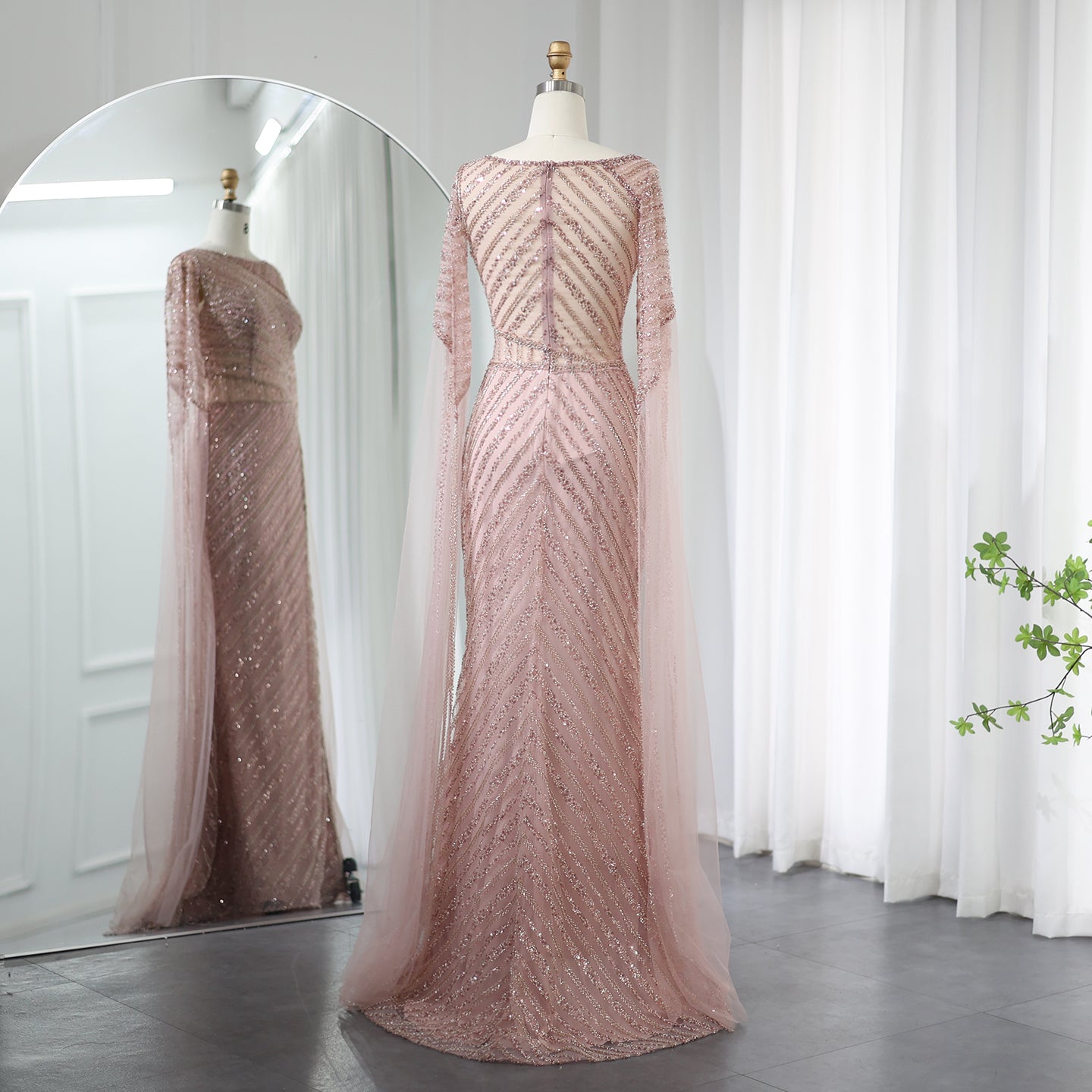 Luxury Mermaid Blue Evening Dress with Cape Sleeves SS087