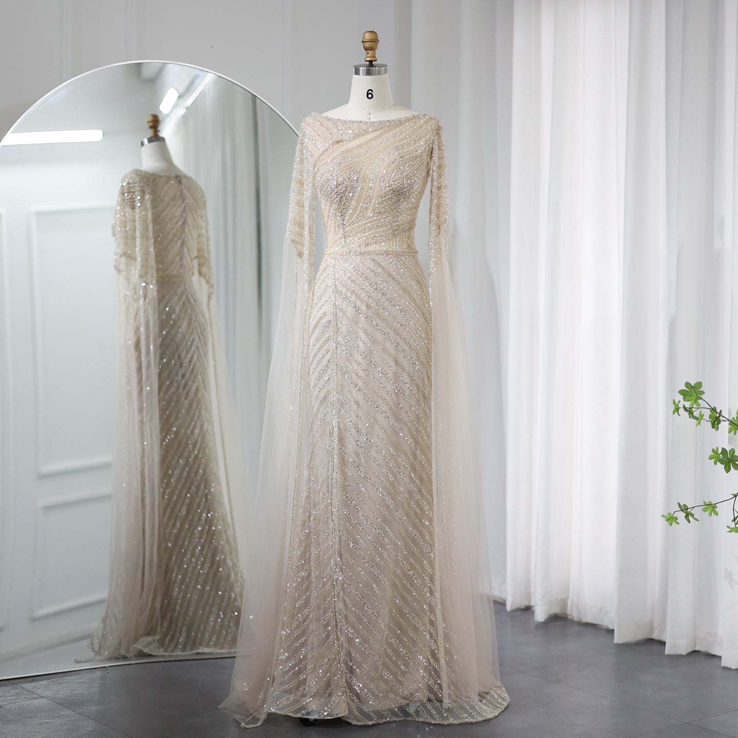 Luxury Mermaid Blue Evening Dress with Cape Sleeves SS087  Beige / US 20