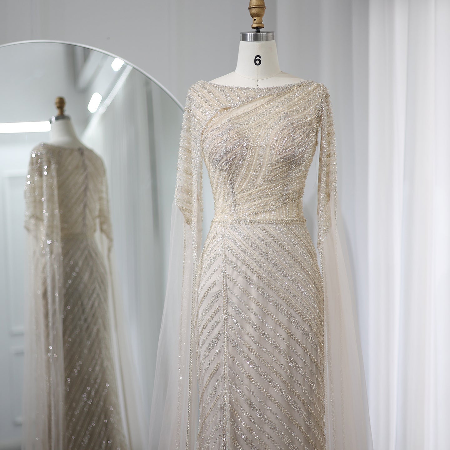 Luxury Mermaid Blue Evening Dress with Cape Sleeves SS087