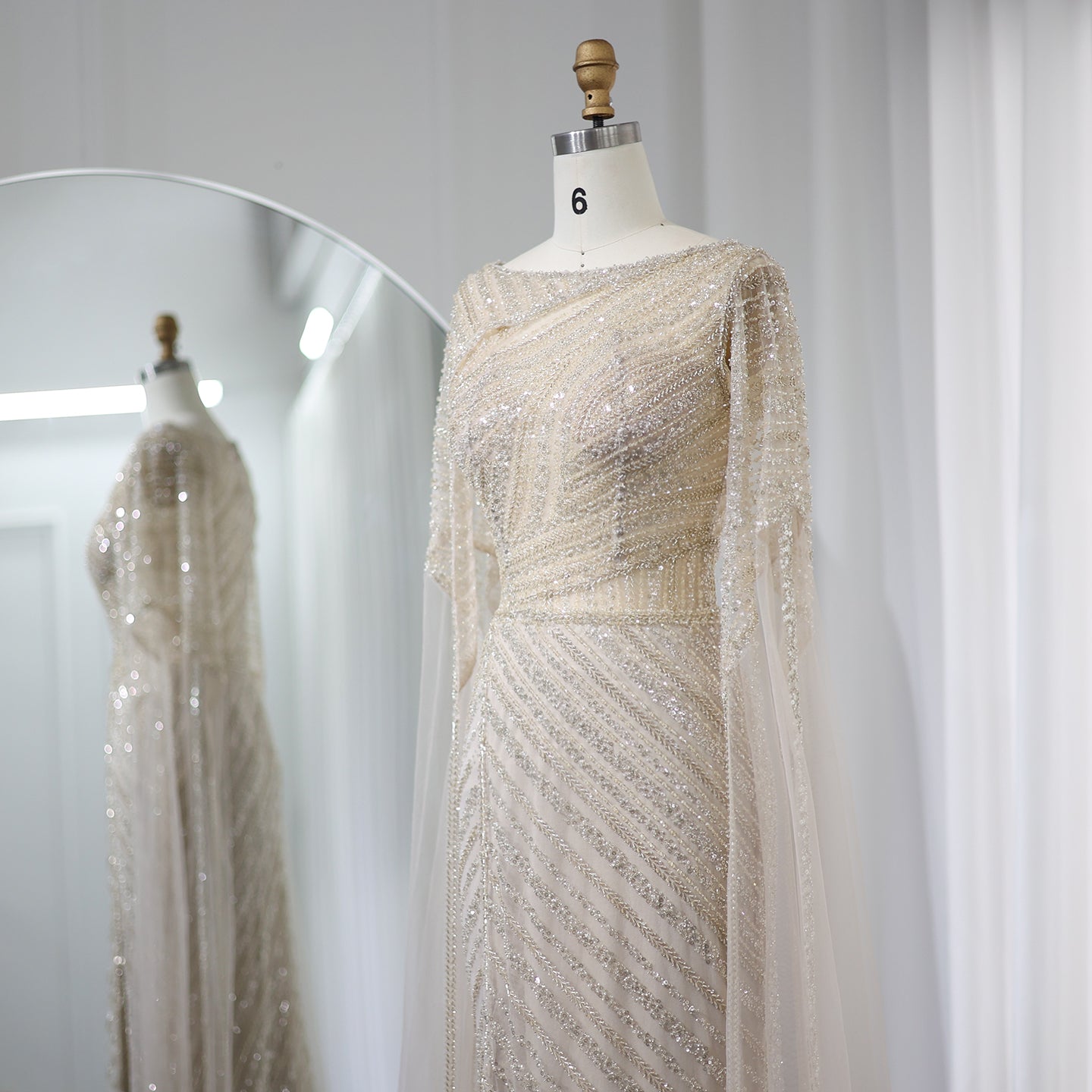 Luxury Mermaid Blue Evening Dress with Cape Sleeves SS087