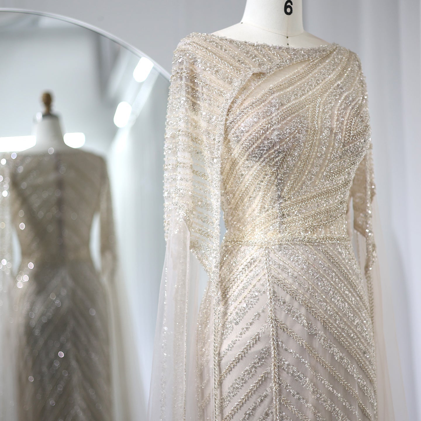 Luxury Mermaid Blue Evening Dress with Cape Sleeves SS087