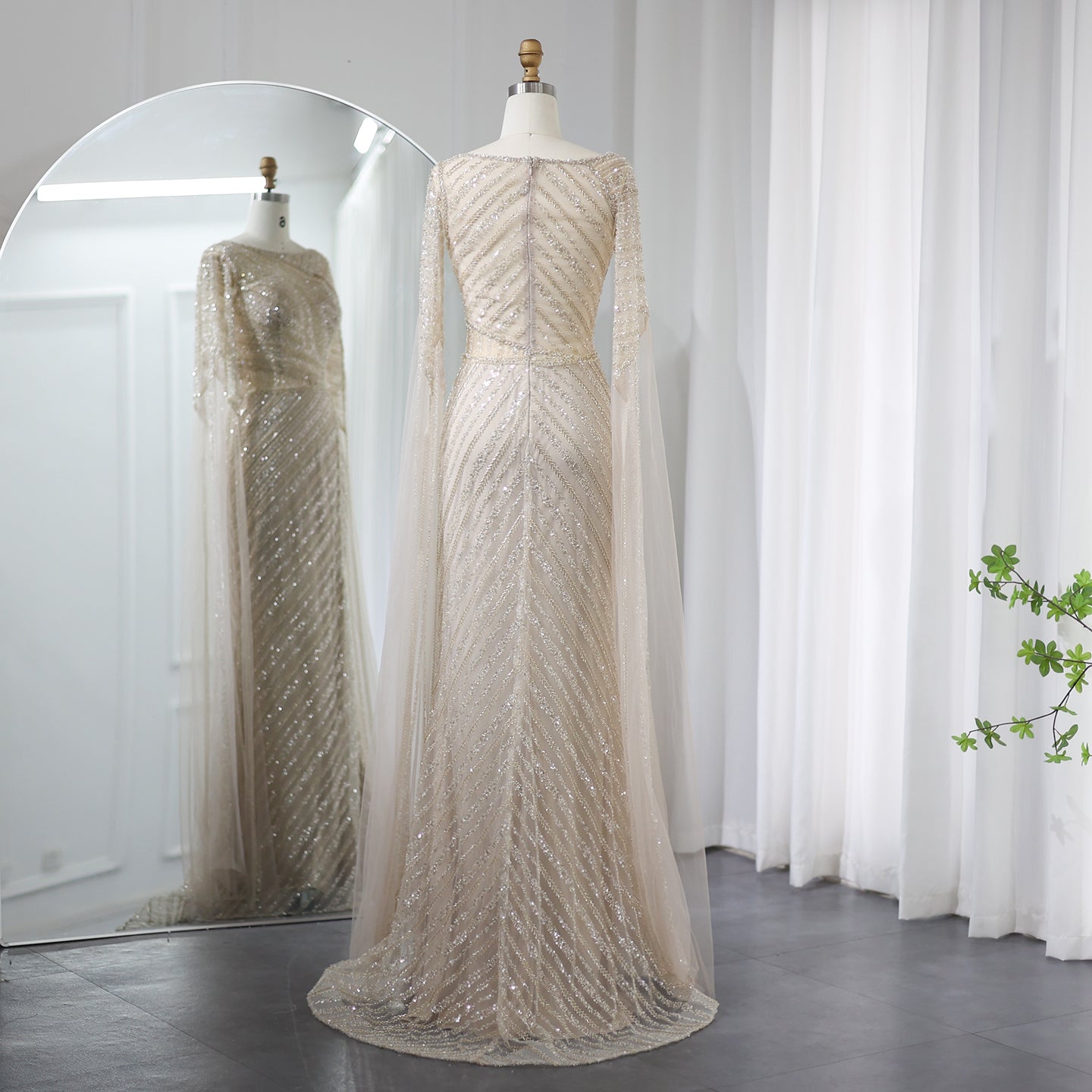 Luxury Mermaid Blue Evening Dress with Cape Sleeves SS087