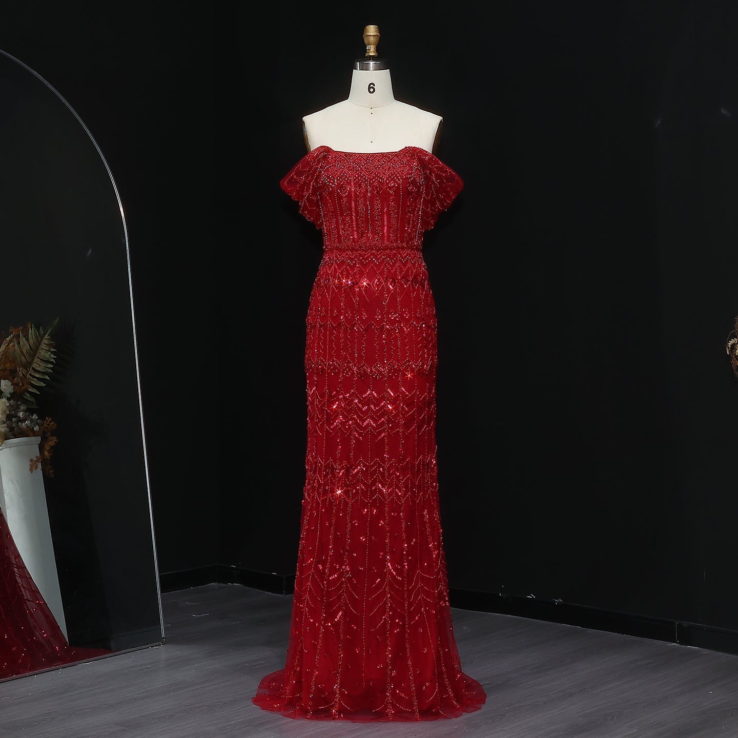 Luxury White Beaded Short Sleeves Evening Dress SS291  Burgundy / US 16