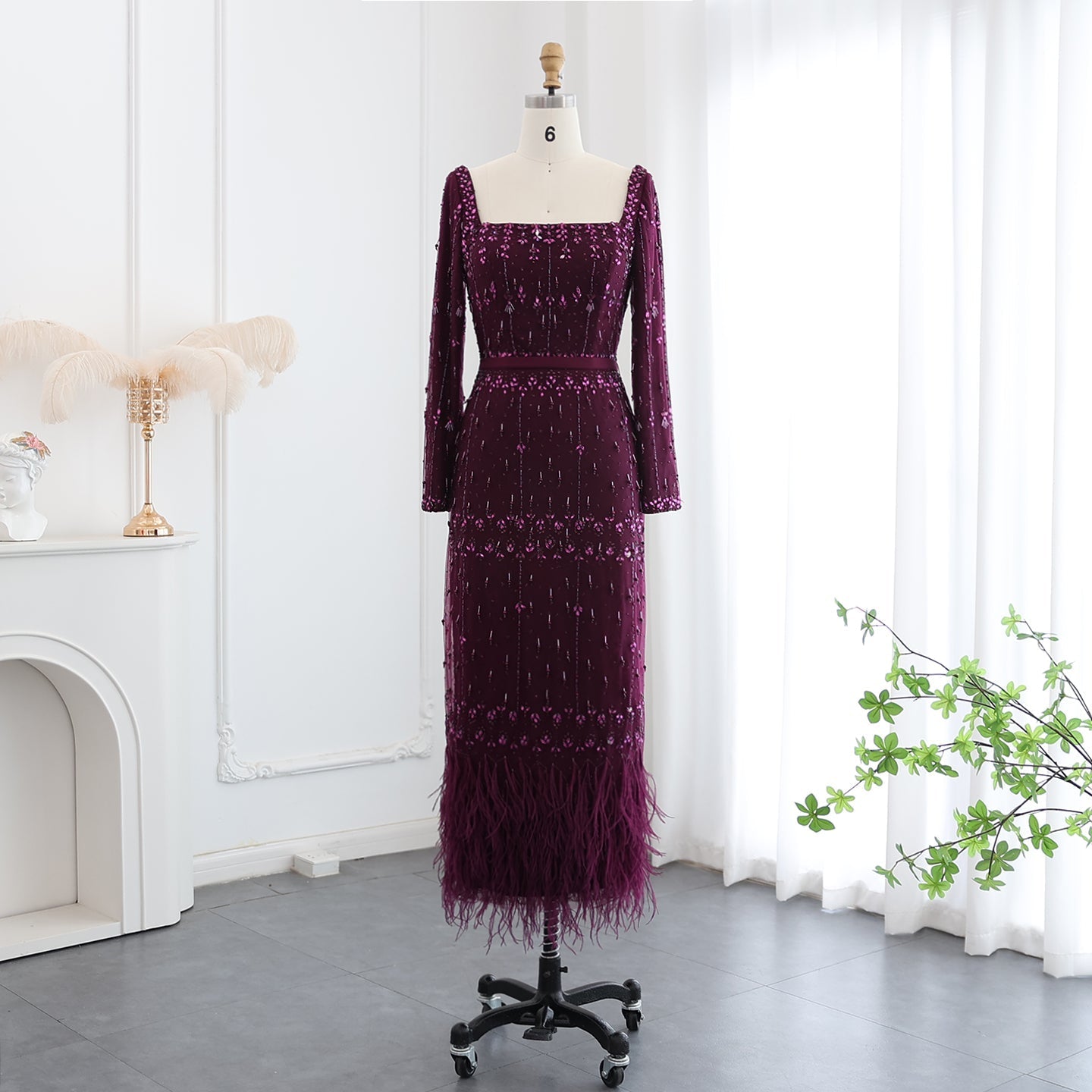 Luxury Gray Feather Straight Evening Dress with Cape Sleeves SS279  Purple Long Sleeves / US 18