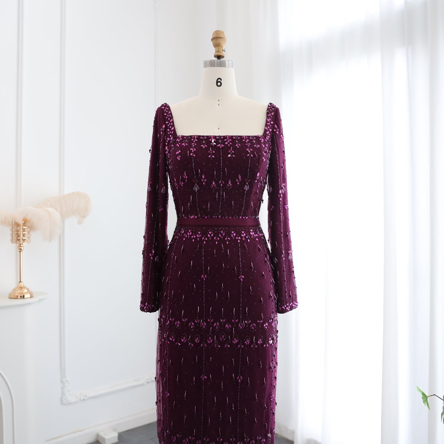 Luxury Gray Feather Straight Evening Dress with Cape Sleeves SS279