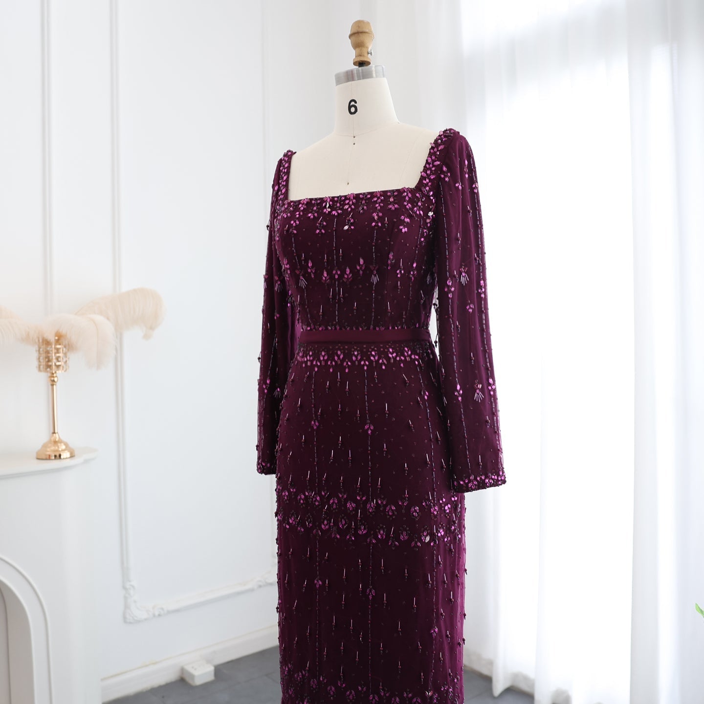 Luxury Gray Feather Straight Evening Dress with Cape Sleeves SS279