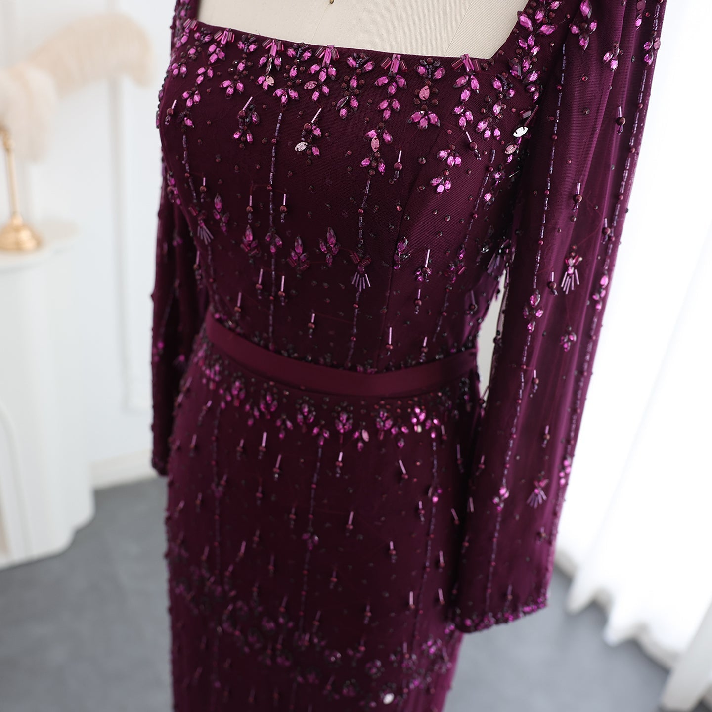 Luxury Gray Feather Straight Evening Dress with Cape Sleeves SS279